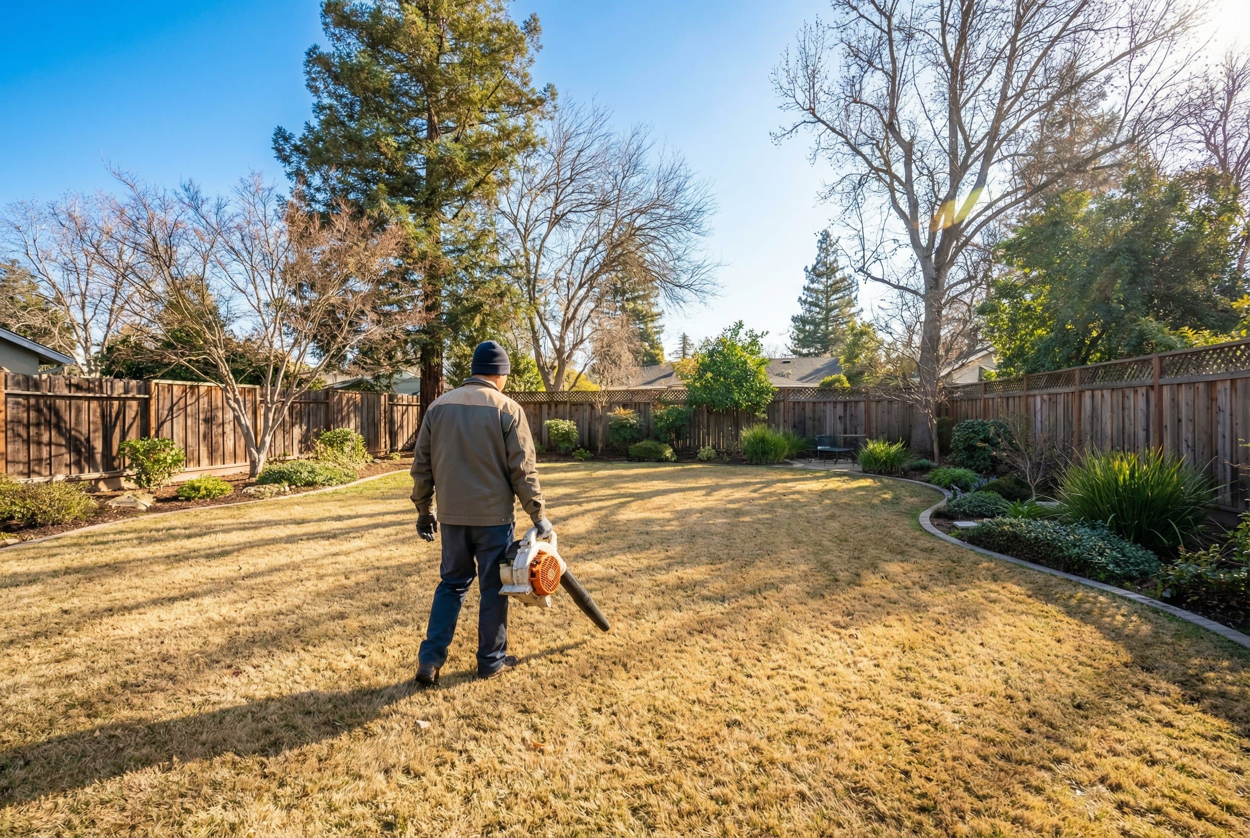 Professional landscaper inspecting lush green lawn with sprinklers in sunny California summer landscape