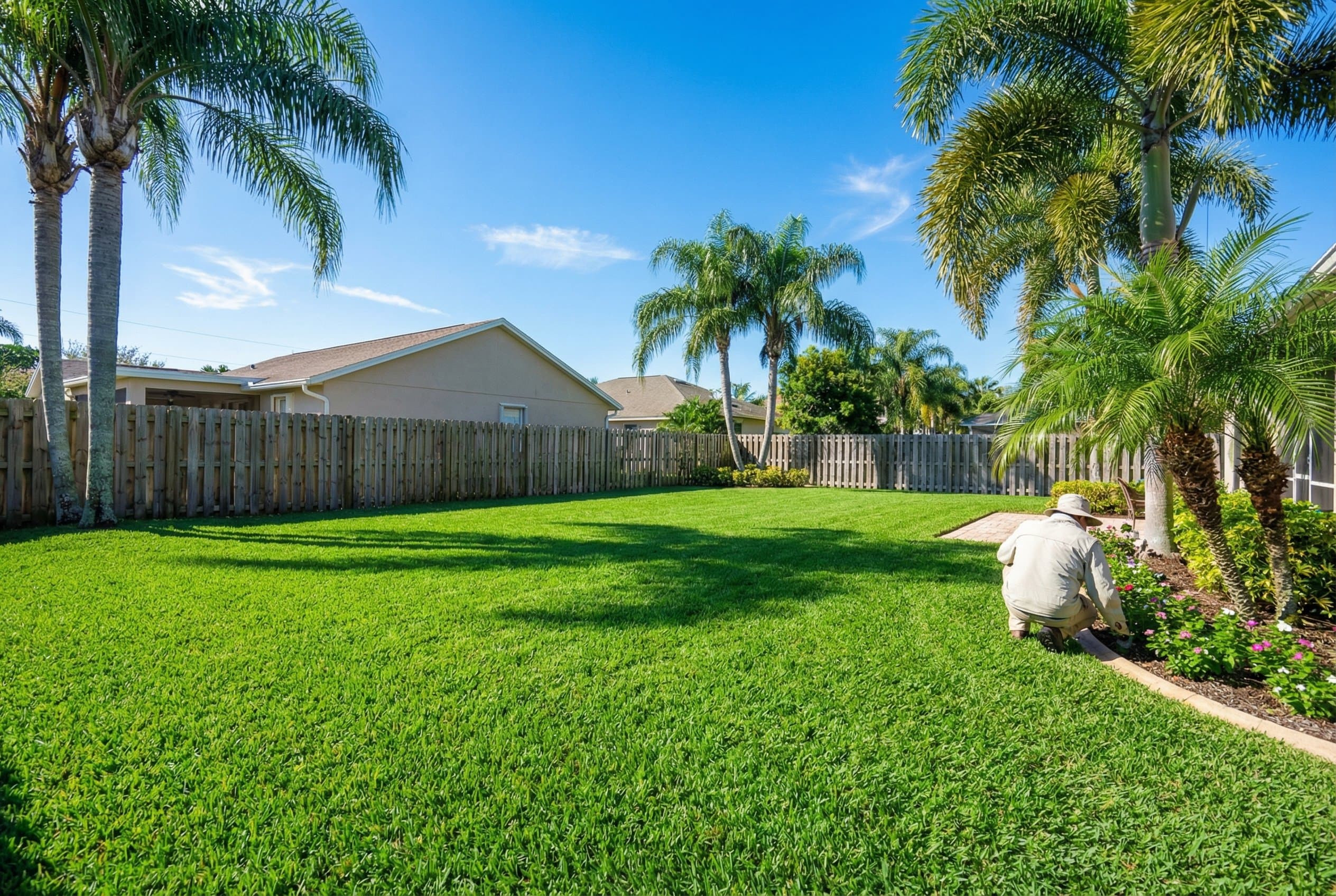 Lush green St. Augustine grass lawn in sunny Florida landscape with palm trees and blue sky