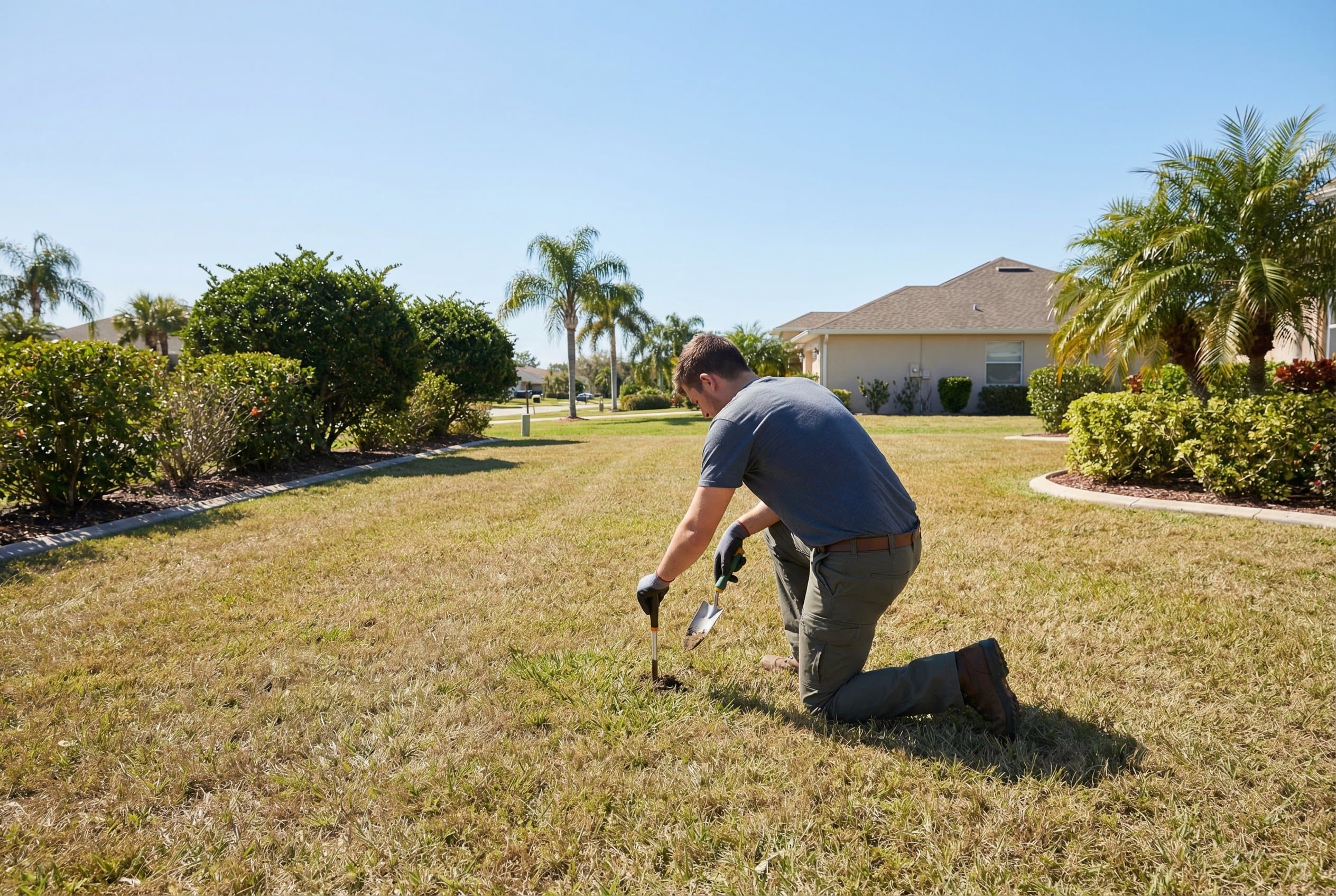 Lush green Florida lawn with brown patches showcasing common lawn problems and maintenance challenges in subtropical climate