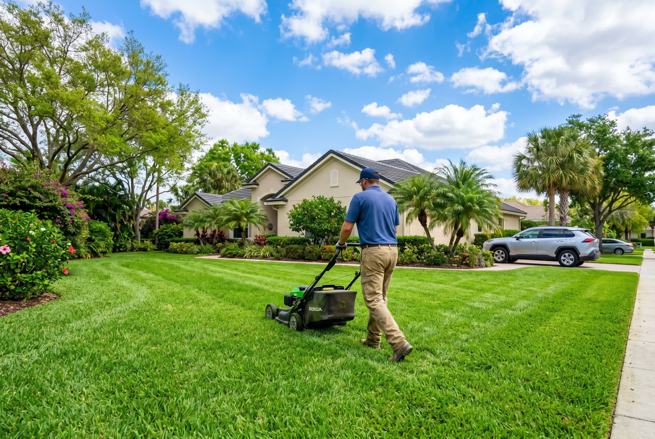 Professional landscaper applying crabgrass preemergent to Florida lawn in spring