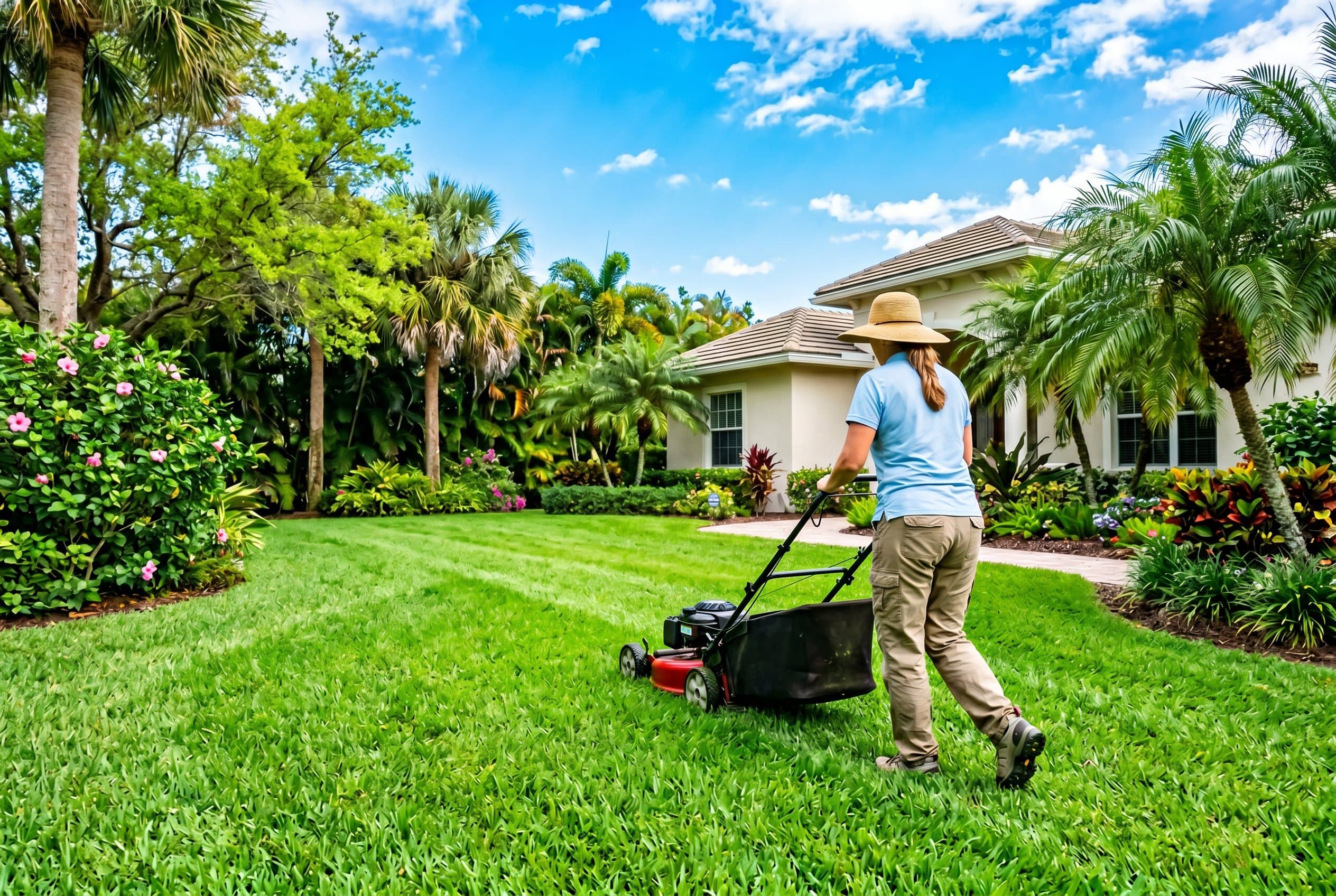Florida drought lawn care: brown and green grass during dry spell with sprinkler irrigation