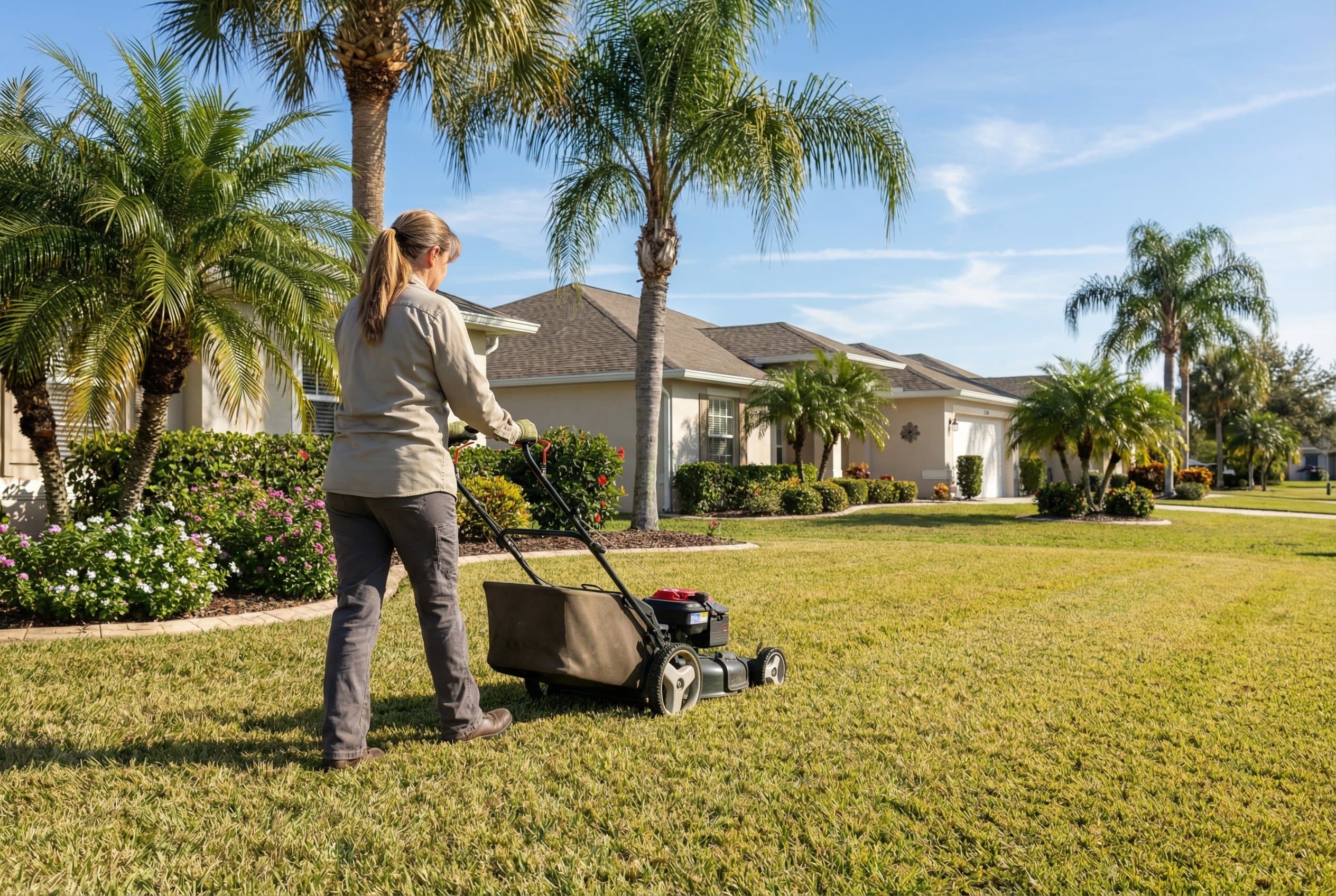 Professional landscaper applying fertilizer to green St. Augustine grass lawn during fall season in Florida