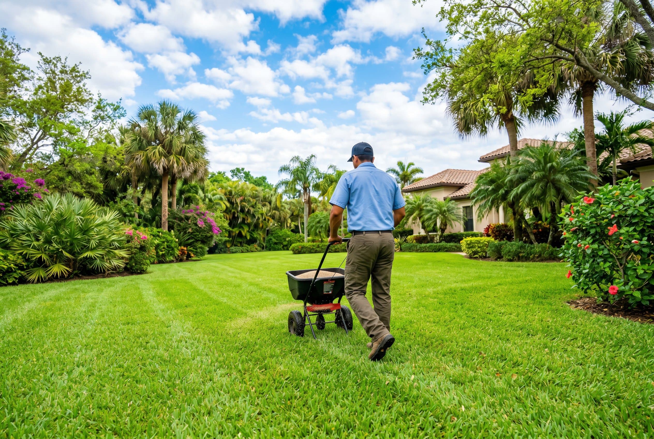 Professional landscaper spreading grass seed on Florida lawn during ideal planting season