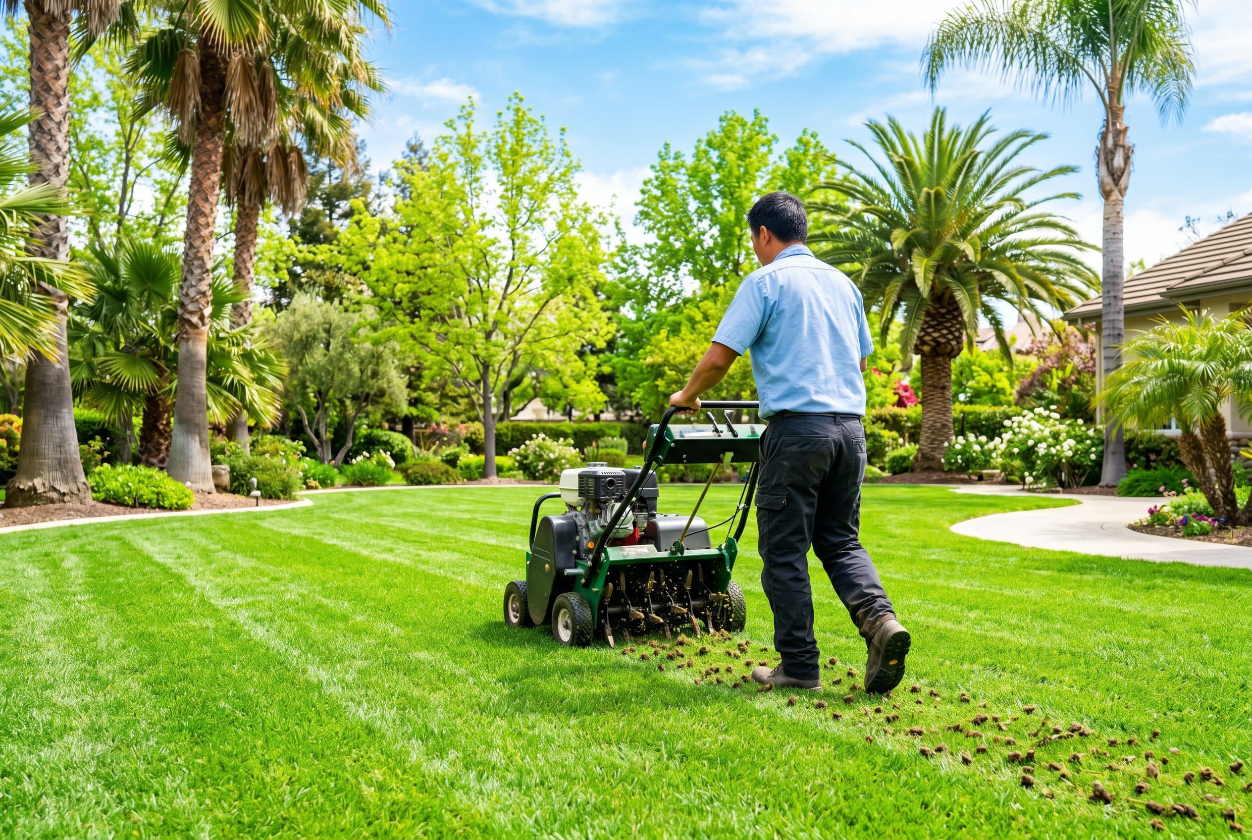 Professional landscaper aerating Florida lawn with green grass and equipment visible