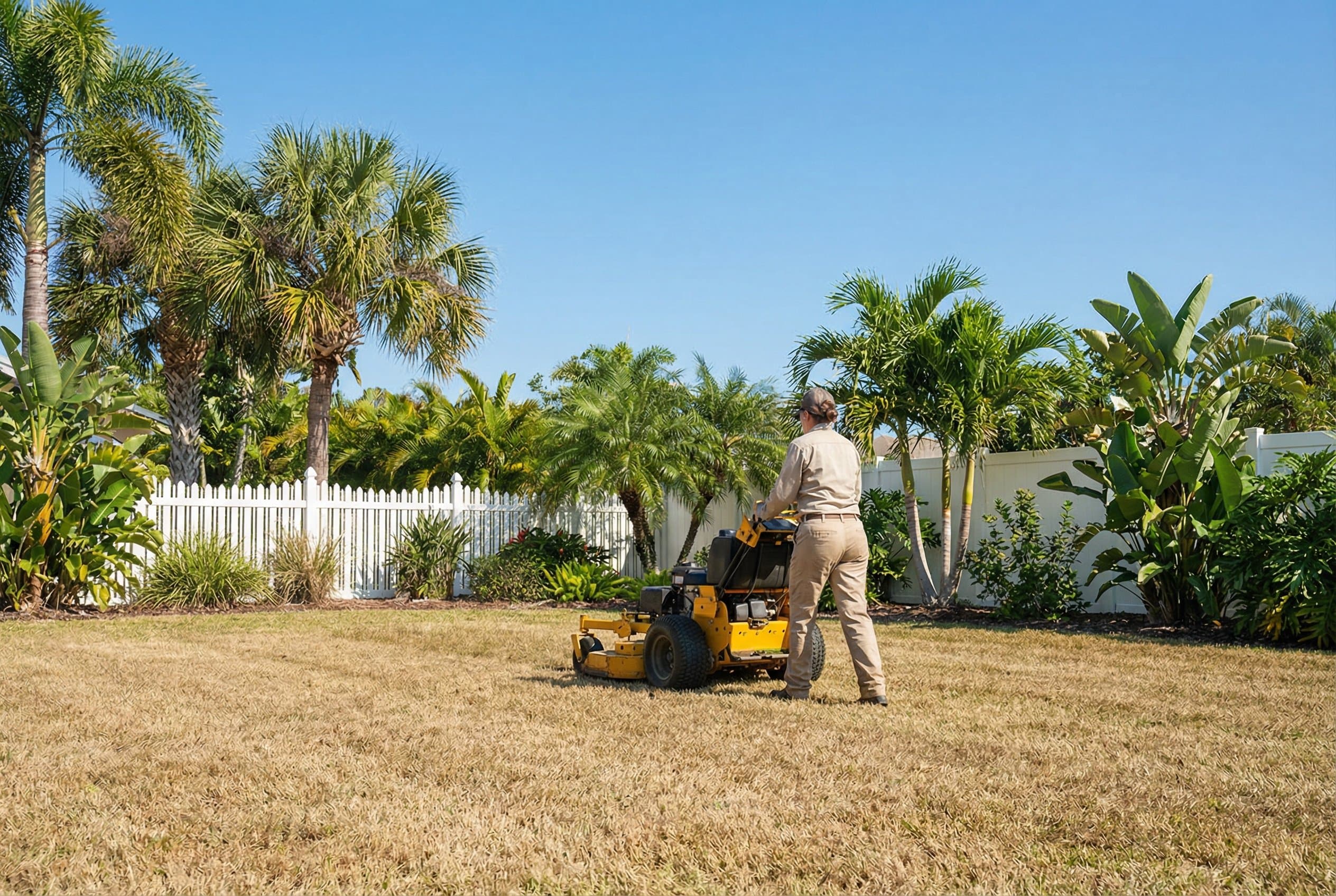 Professional landscaper trimming lush green grass with a mower on a sunny Florida residential lawn