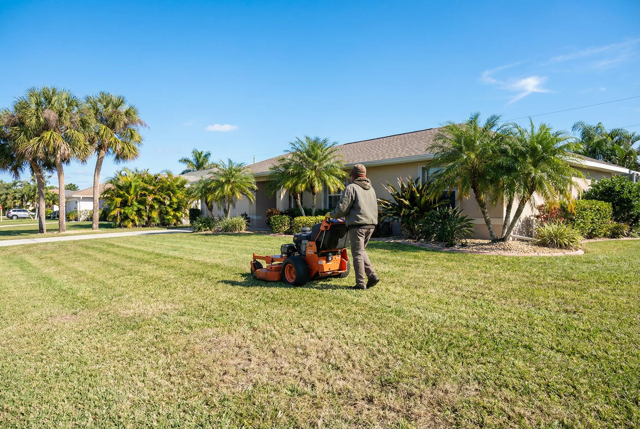 Professional landscaper spreading fertilizer on lush green lawn with palm trees, spring lawn care in Florida landscape