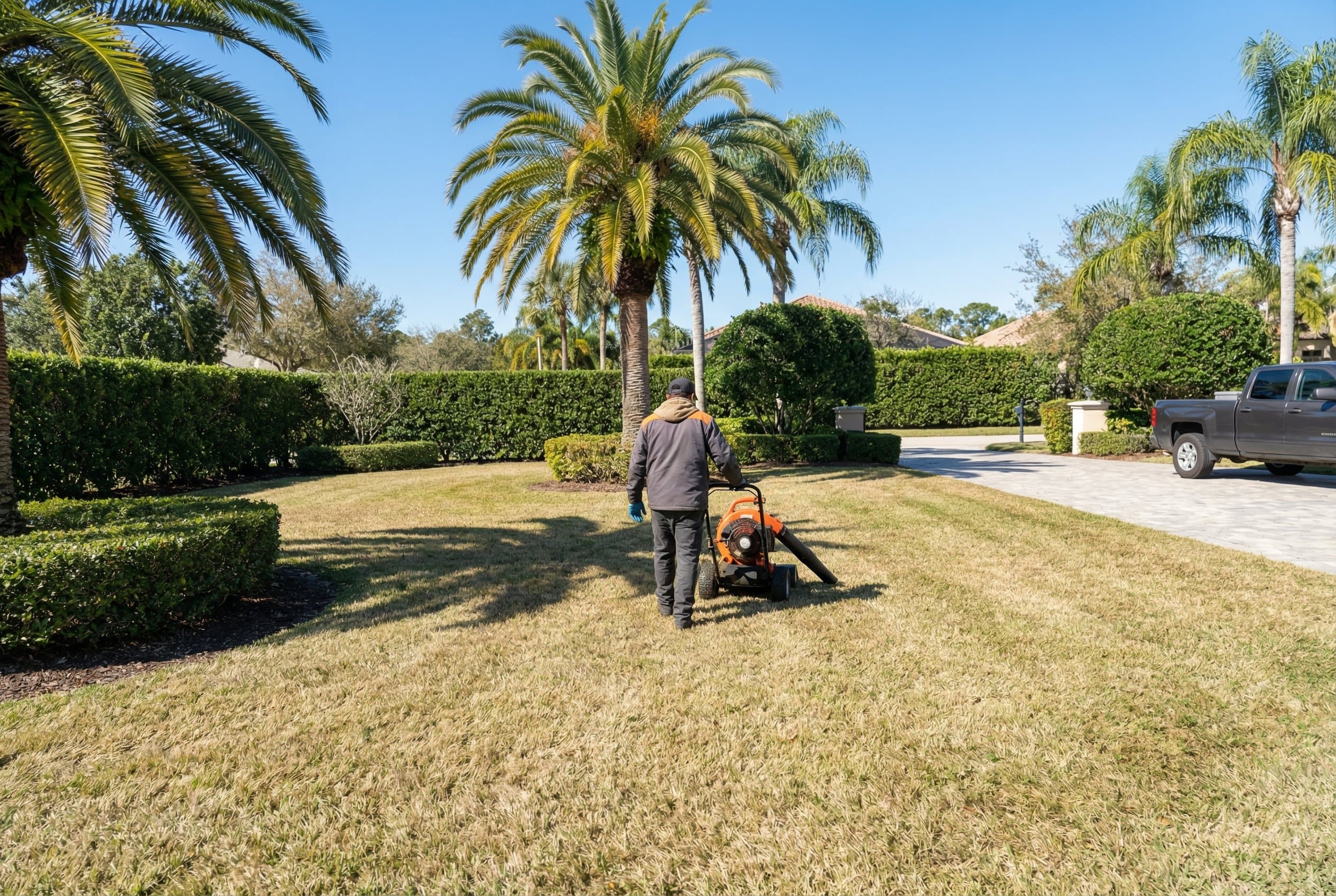 Professional landscaper mowing lush green lawn under bright Florida summer sun with palm trees in background