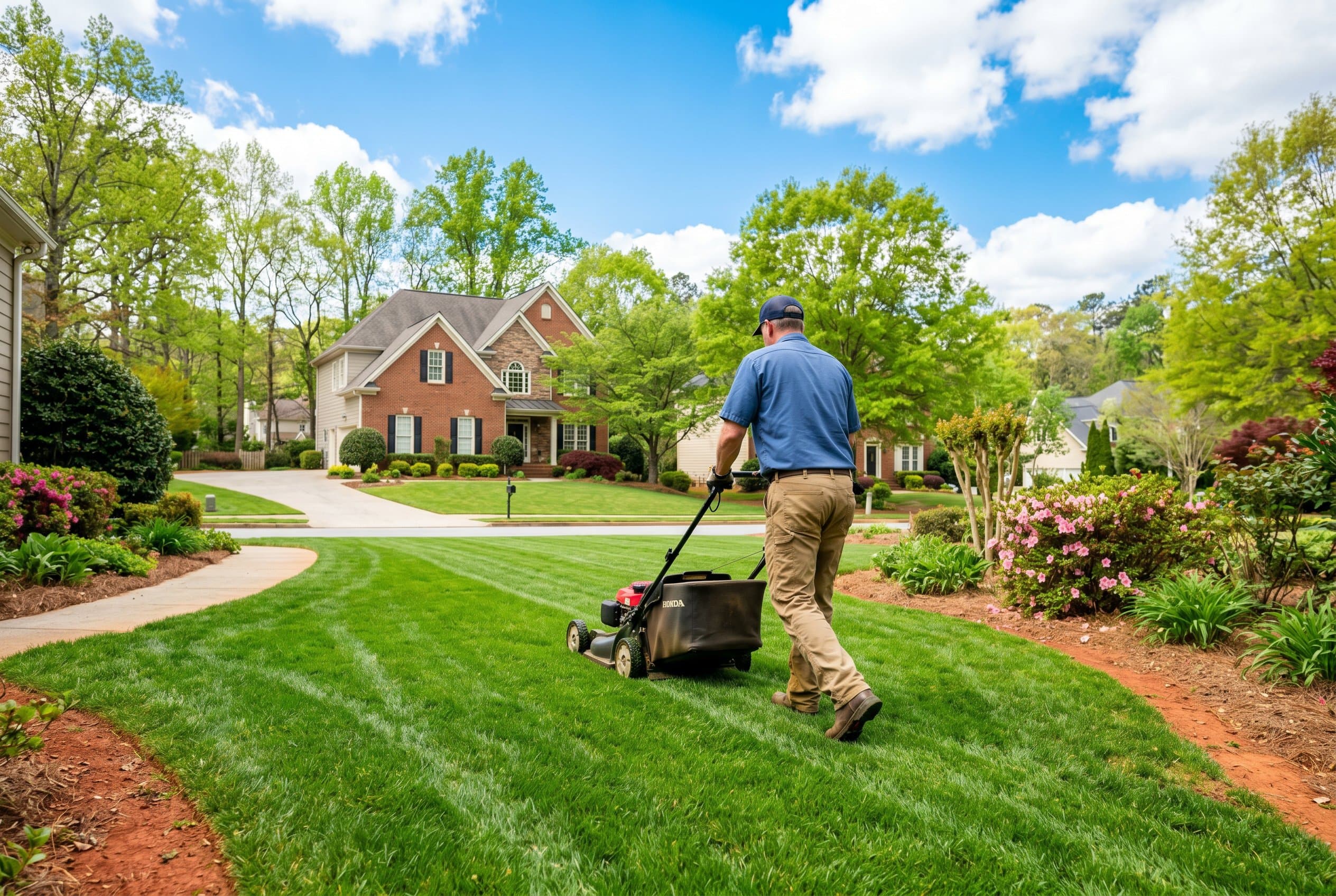 Professional lawn care technician applying crabgrass preemergent treatment to Georgia lawn in spring