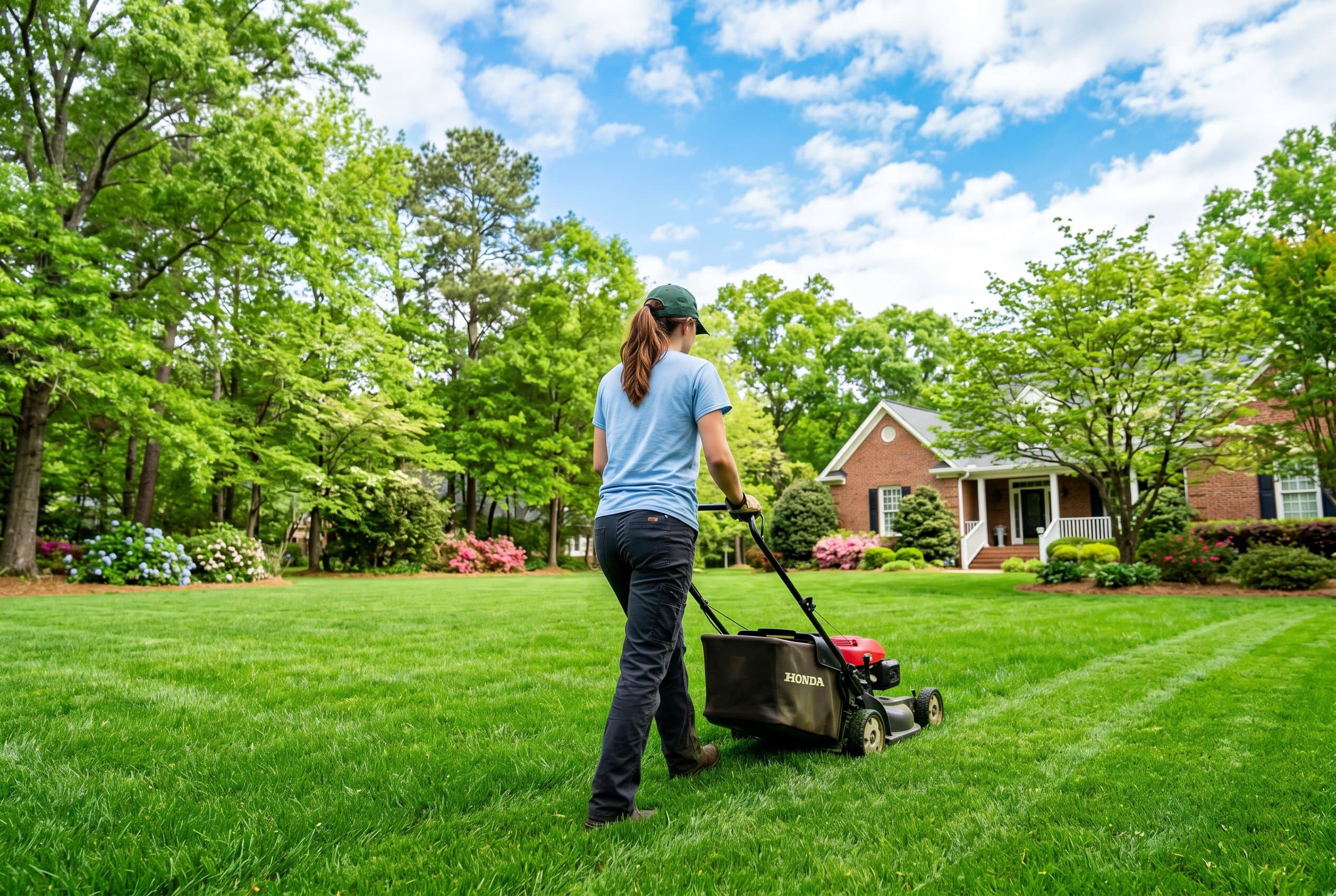 Georgia homeowner watering drought-stressed lawn during dry spell to maintain green grass