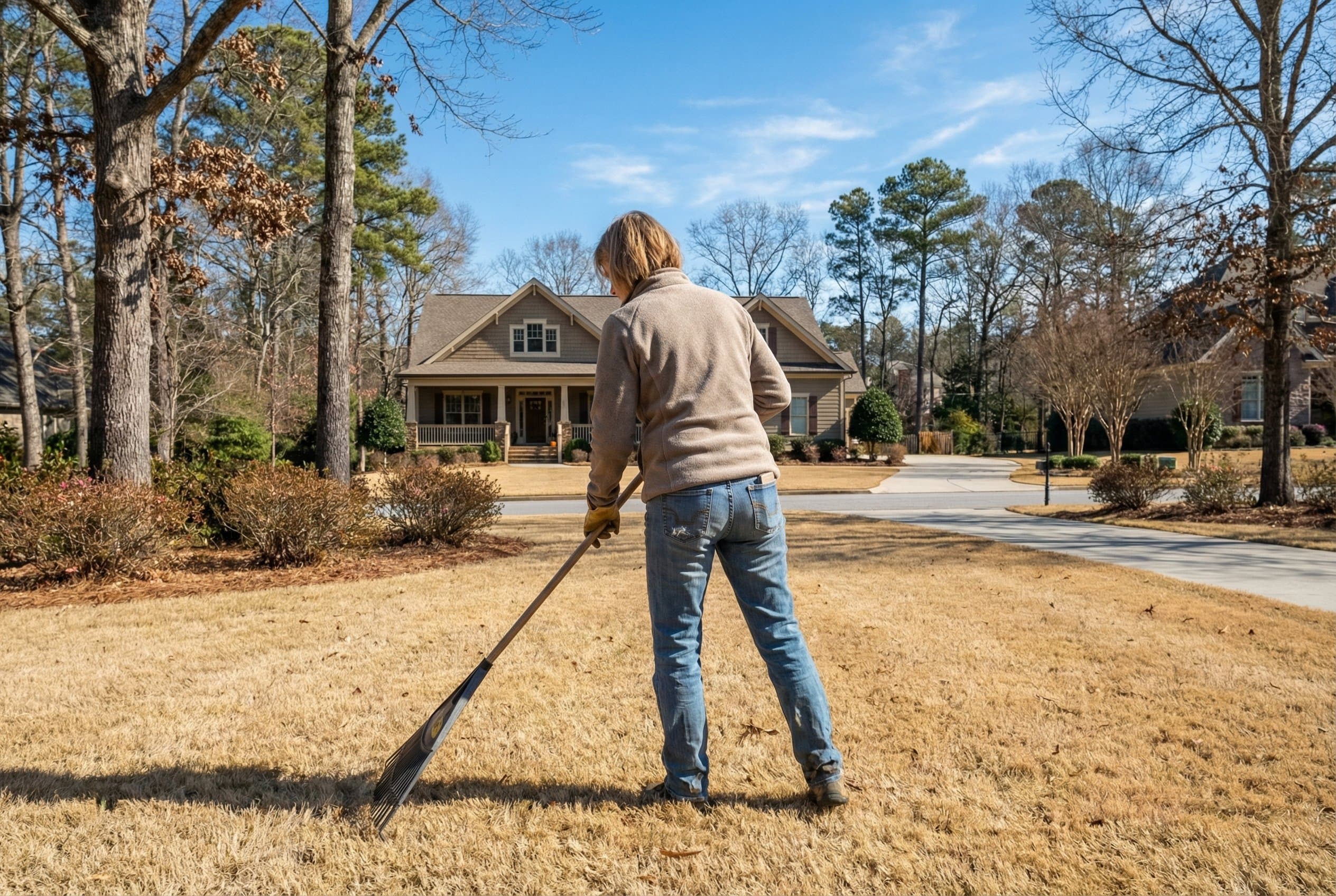 Professional landscaper maintaining lush green Georgia lawn with autumn leaves using specialized fall lawn care equipment and