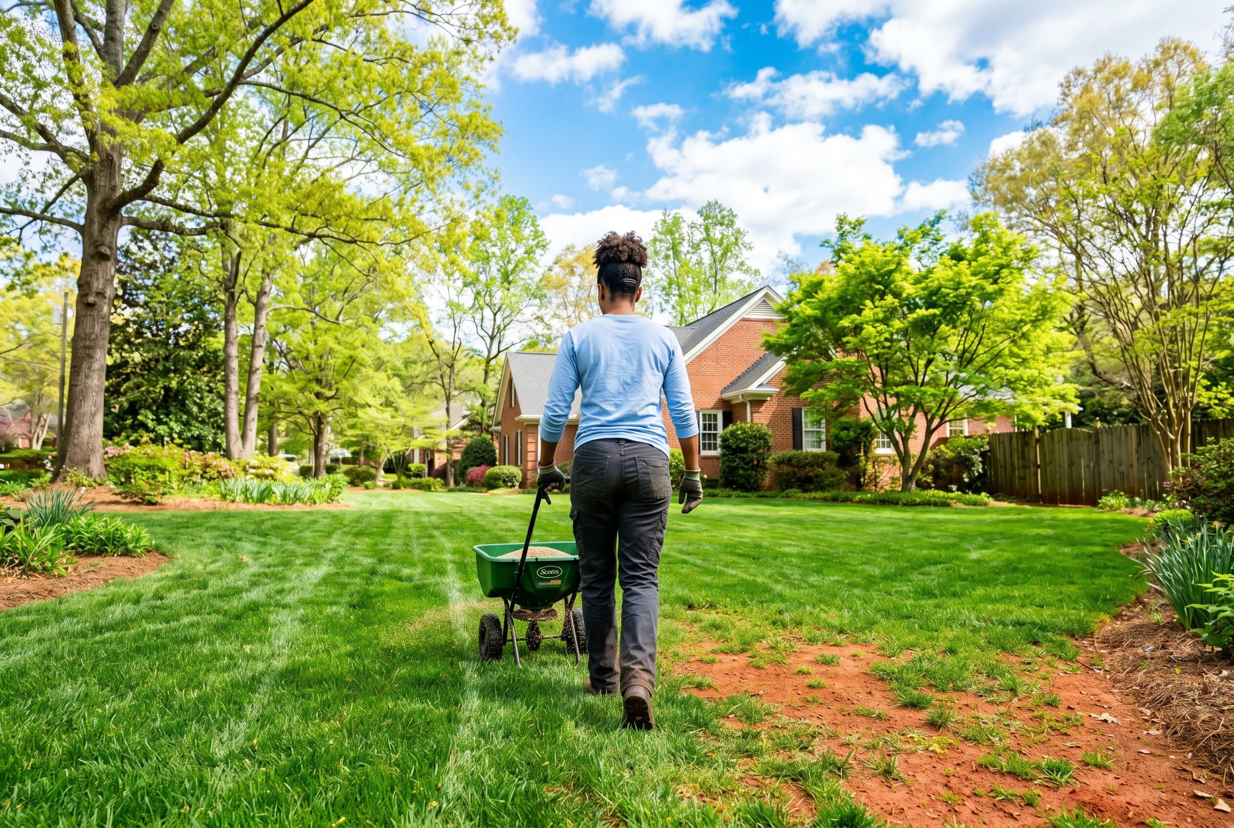 Professional landscaper spreading grass seed on Georgia lawn in spring