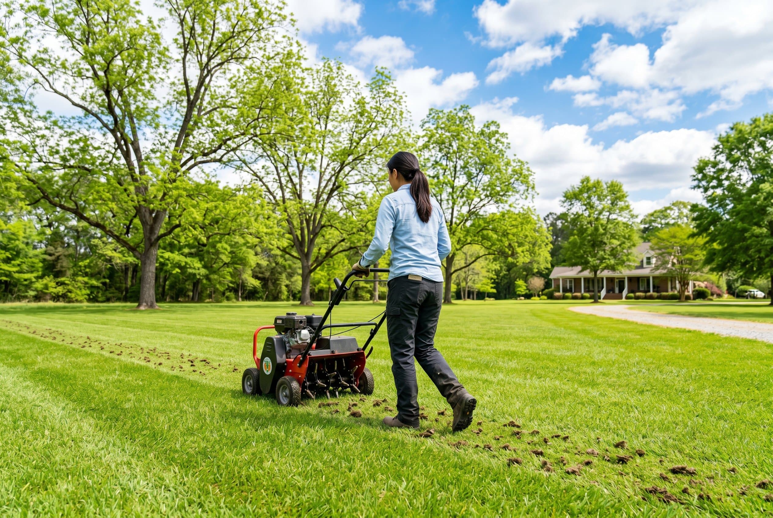 Professional landscaper aerating Georgia lawn in spring with equipment
