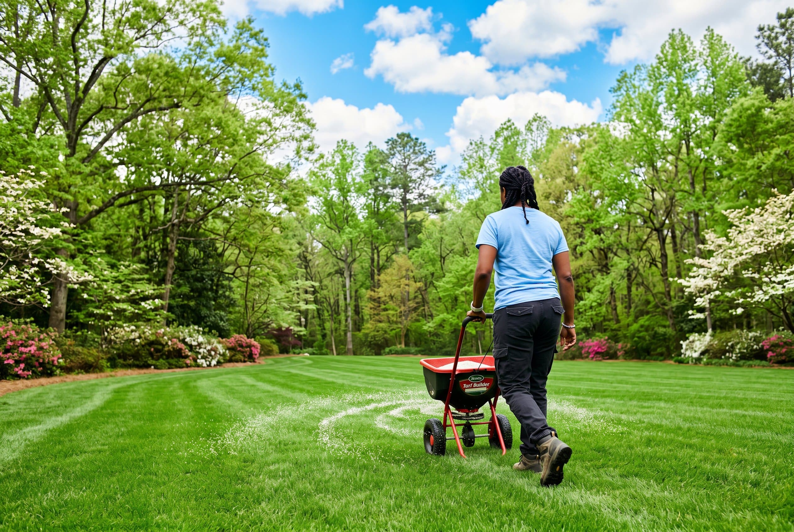 Lush green Georgia lawn showing healthy grass growth with fertilizer application equipment ready