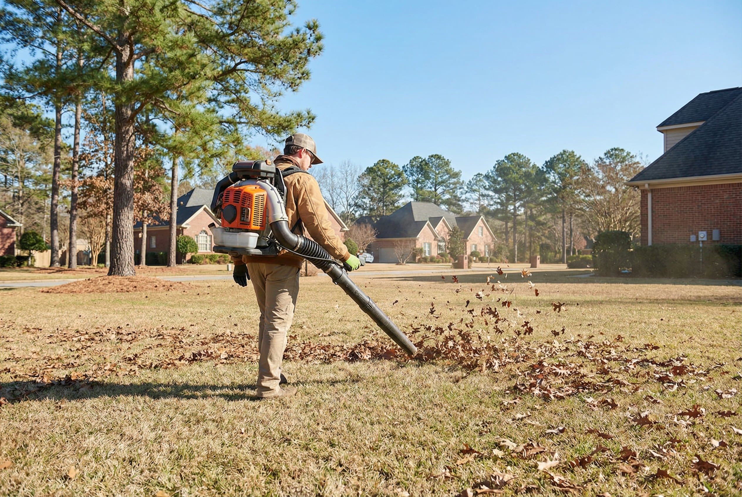 Professional landscaper using a spreader to apply fertilizer on a lush green lawn in Georgia during springtime