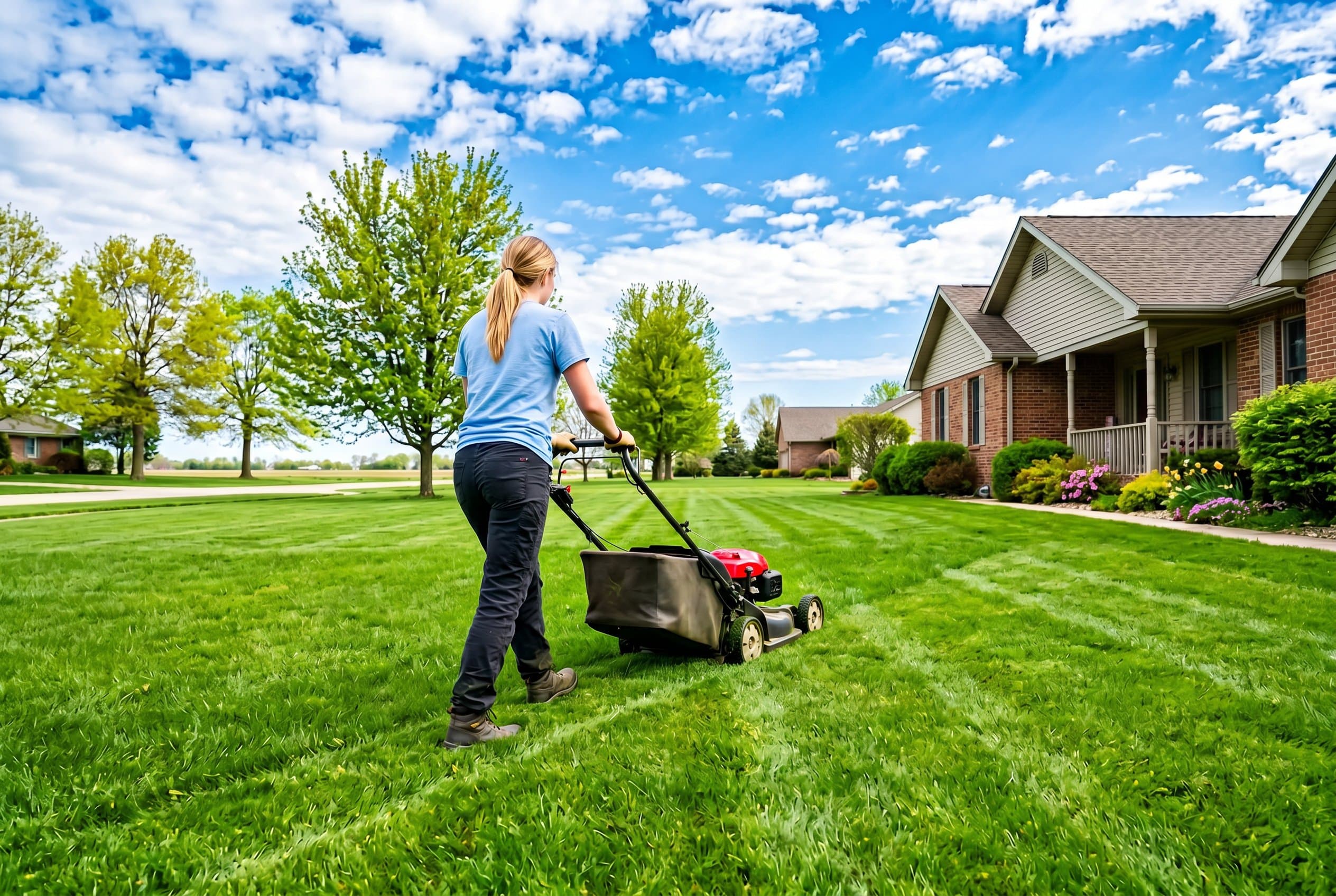 Homeowner applying crabgrass preemergent to Illinois lawn in early spring