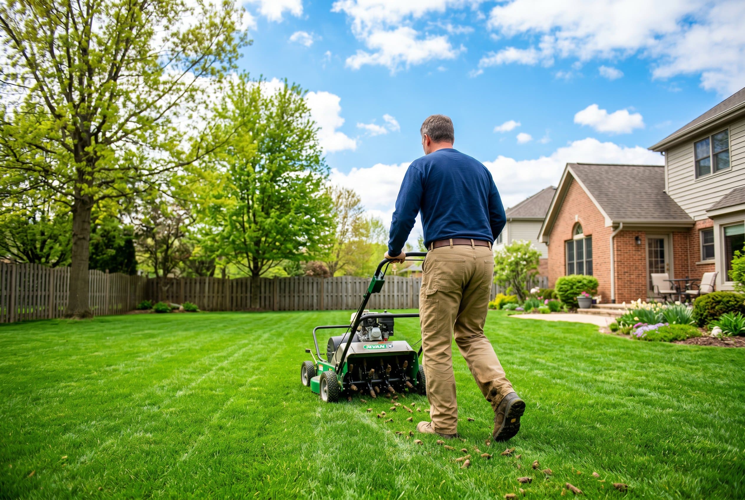 Professional lawn aeration equipment aerating Illinois lawn in spring season