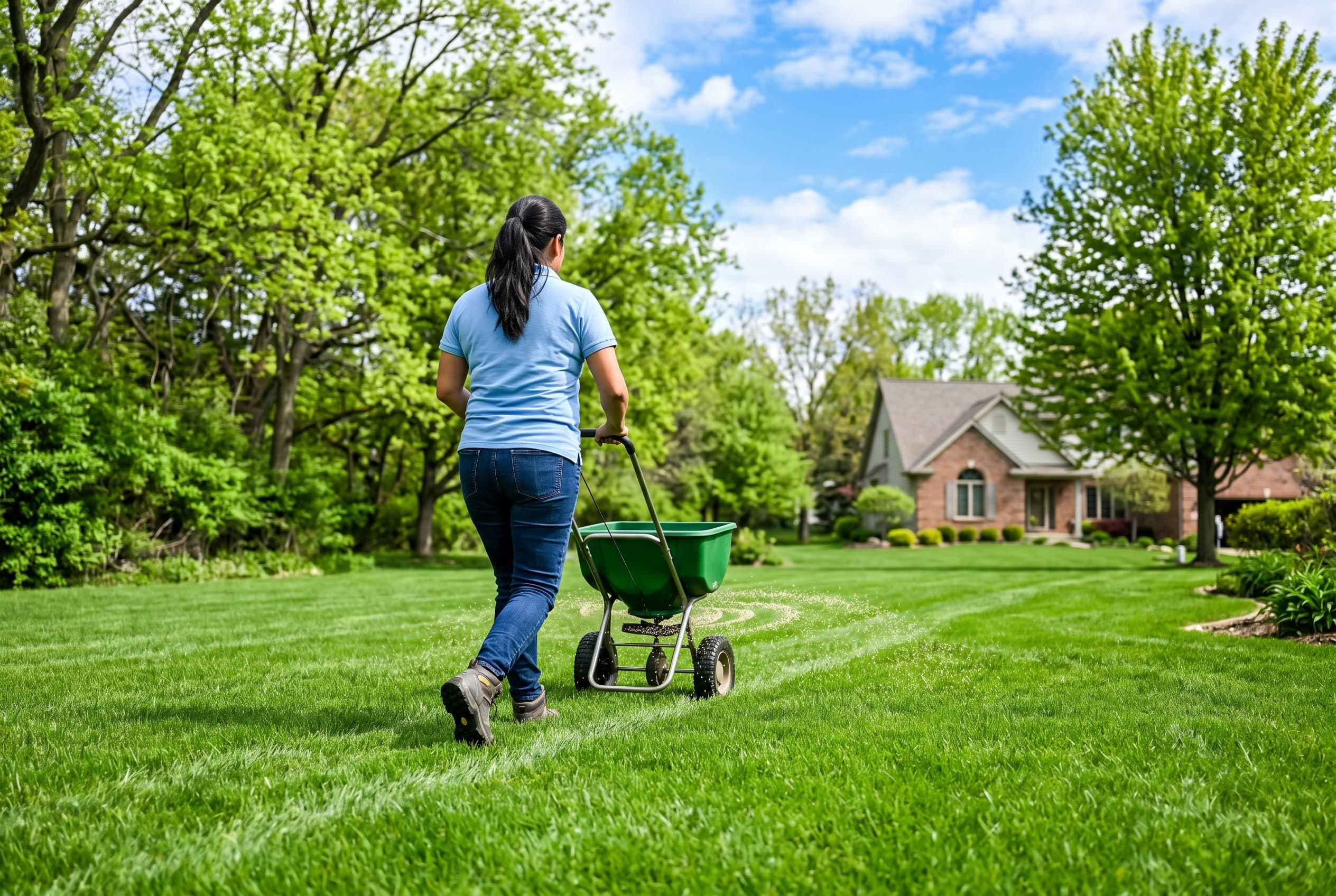 Professional lawn care expert applying spring fertilizer to green Illinois residential lawn