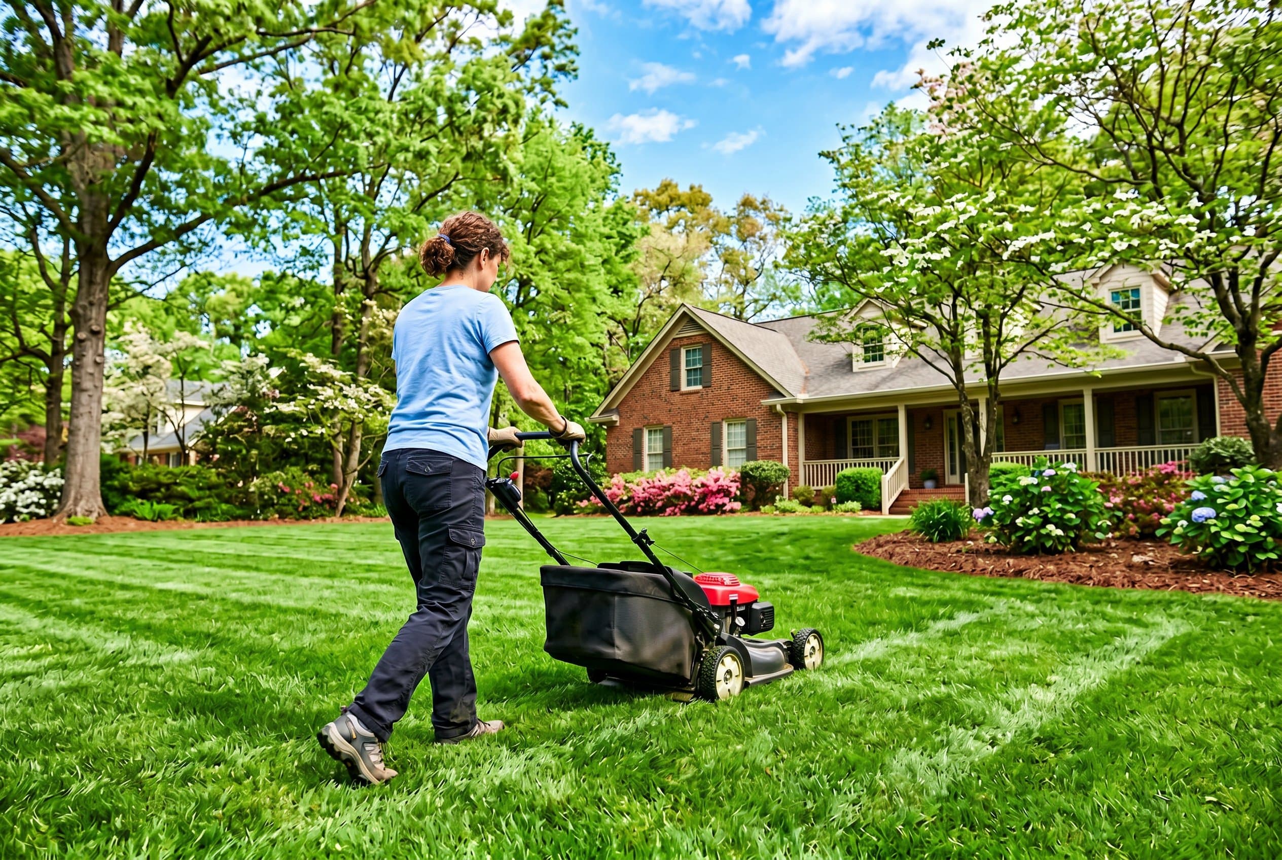 Professional lawn care specialist applying crabgrass preemergent in North Carolina yard during spring season