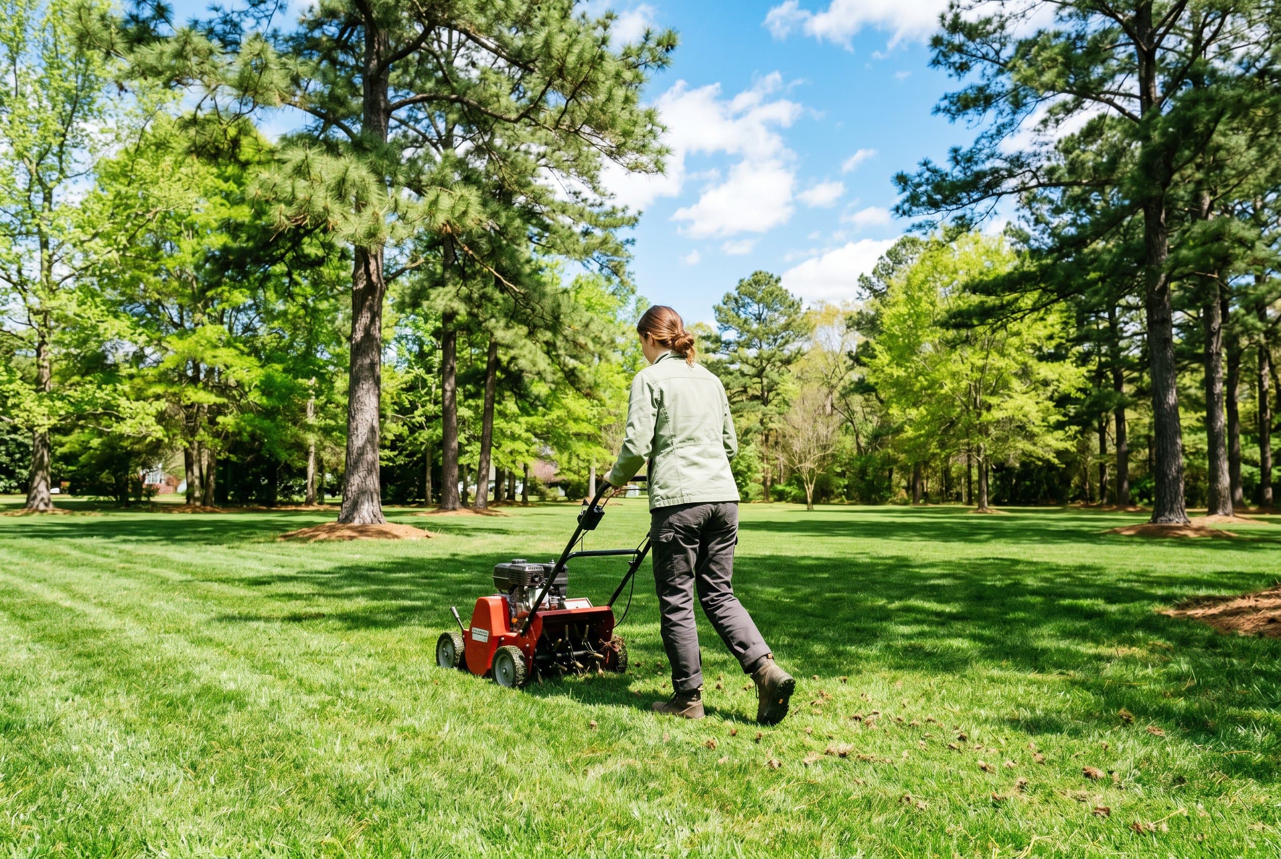 Professional lawn aeration equipment aerating a lush green lawn in North Carolina during optimal spring season