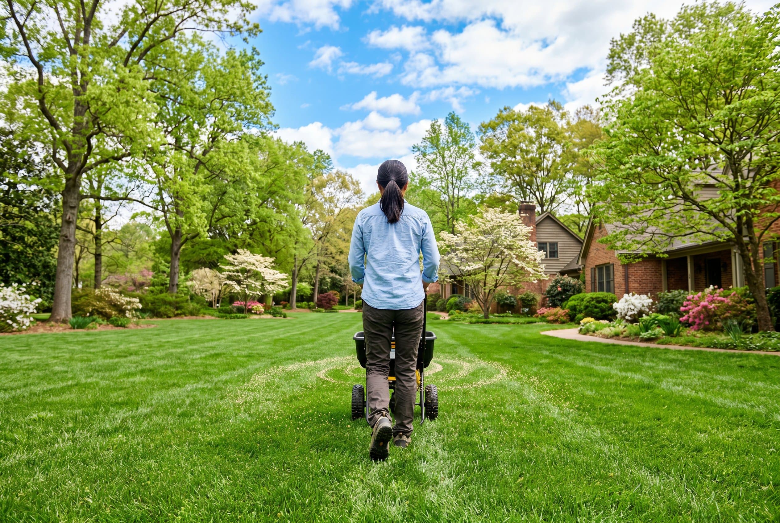 Healthy green lawn with fertilizer application in North Carolina during spring season