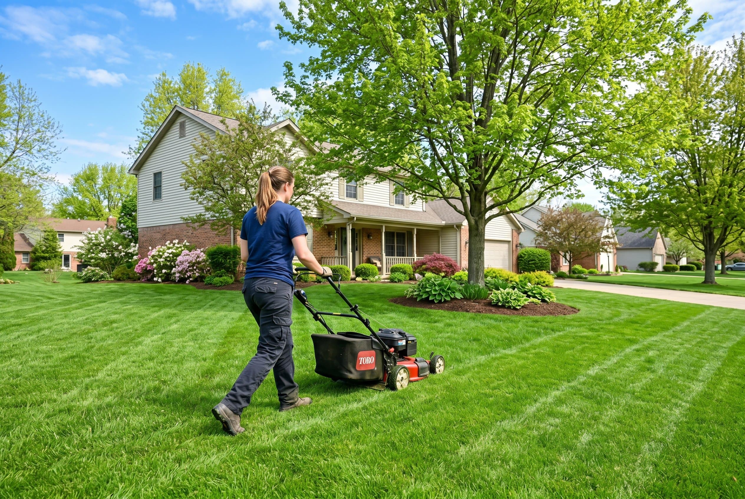 Professional lawn care technician applying crabgrass preemergent in Ohio spring yard