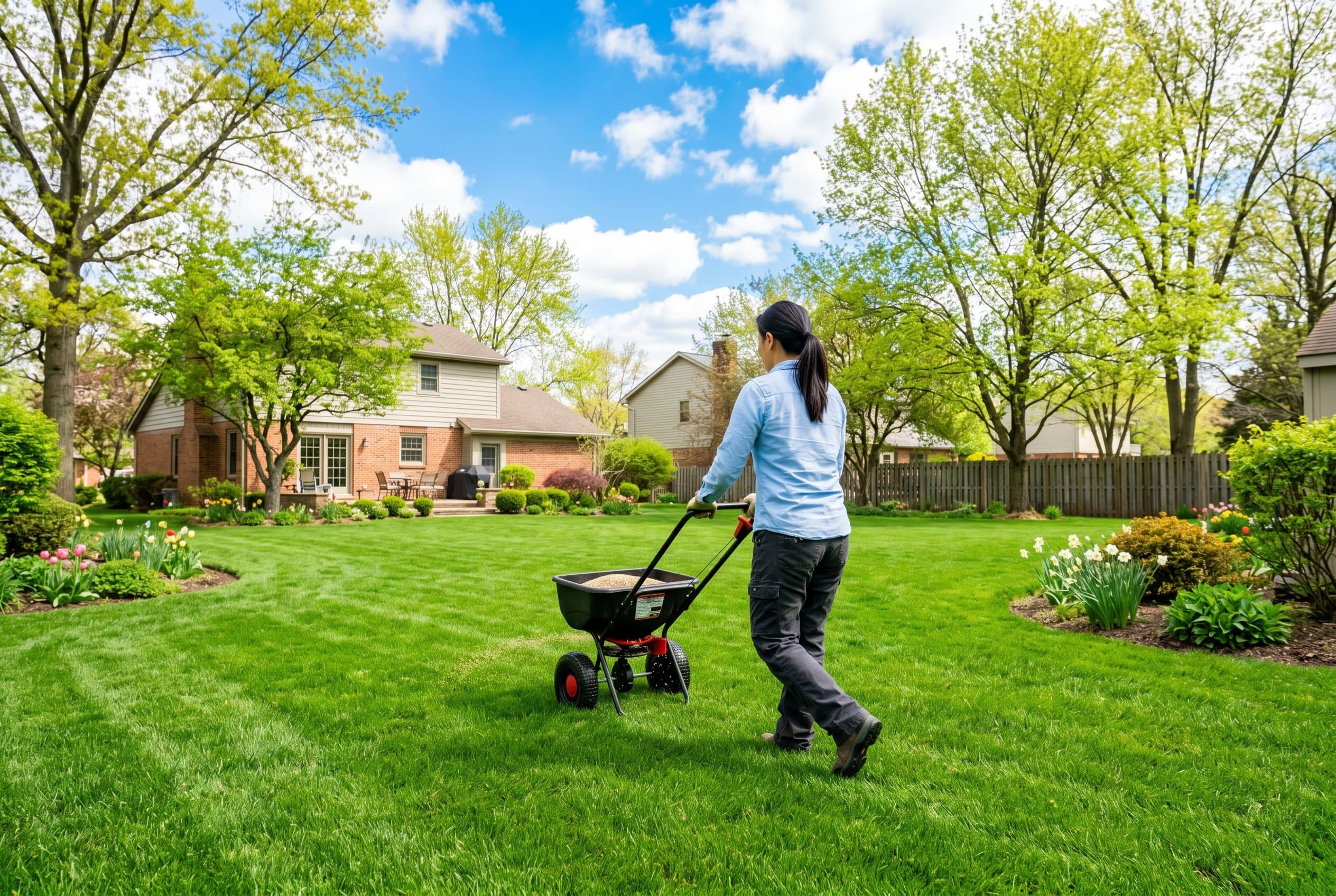 Green grass seed being planted in Ohio lawn during ideal spring planting season