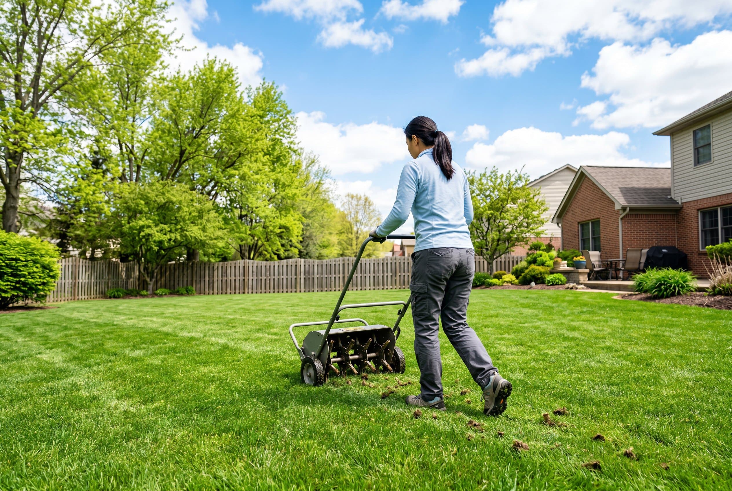 Professional lawn aeration equipment aerating a healthy green lawn in Ohio during spring