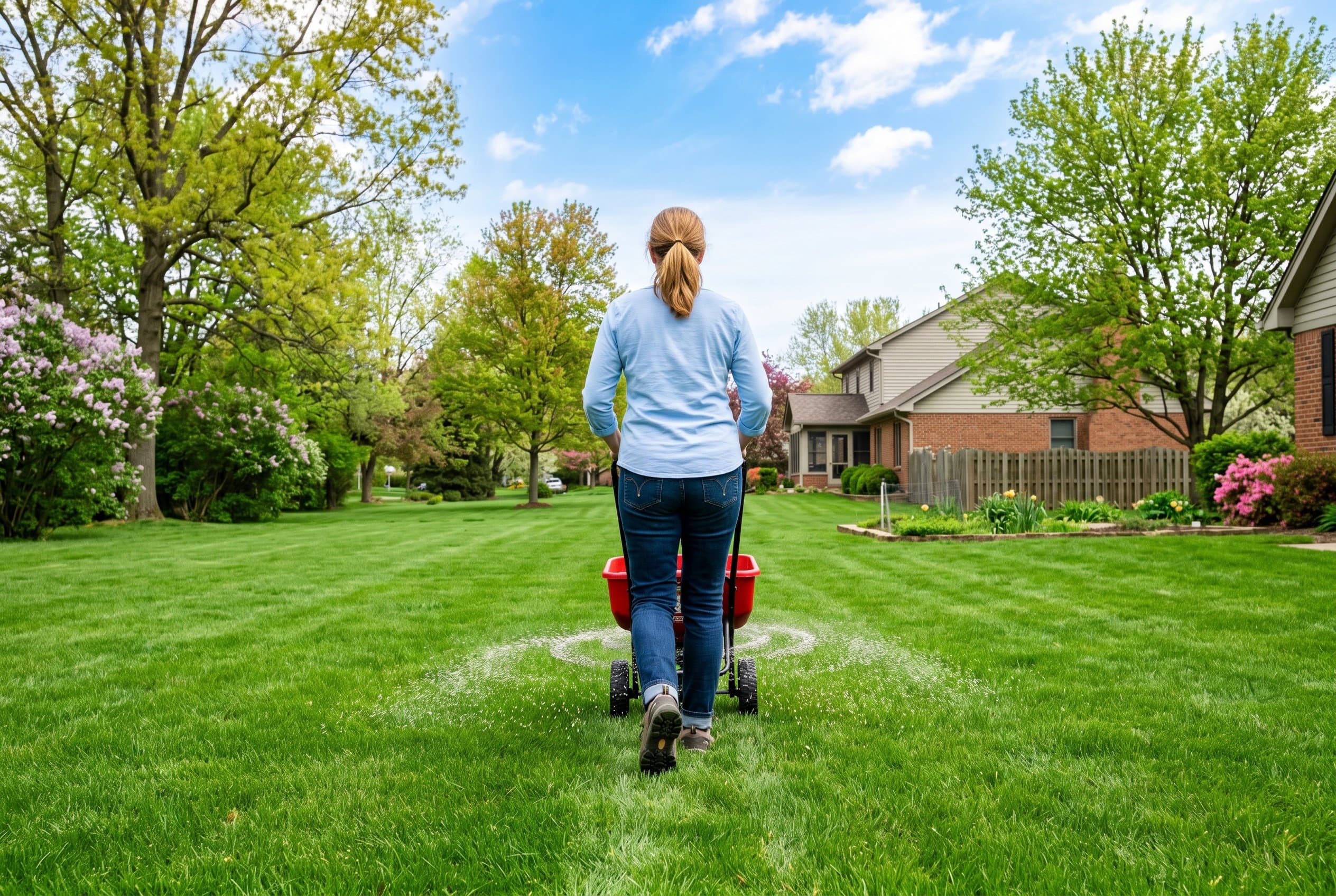 Lush green Ohio lawn with fertilizer spreader applying lawn fertilizer schedule treatment