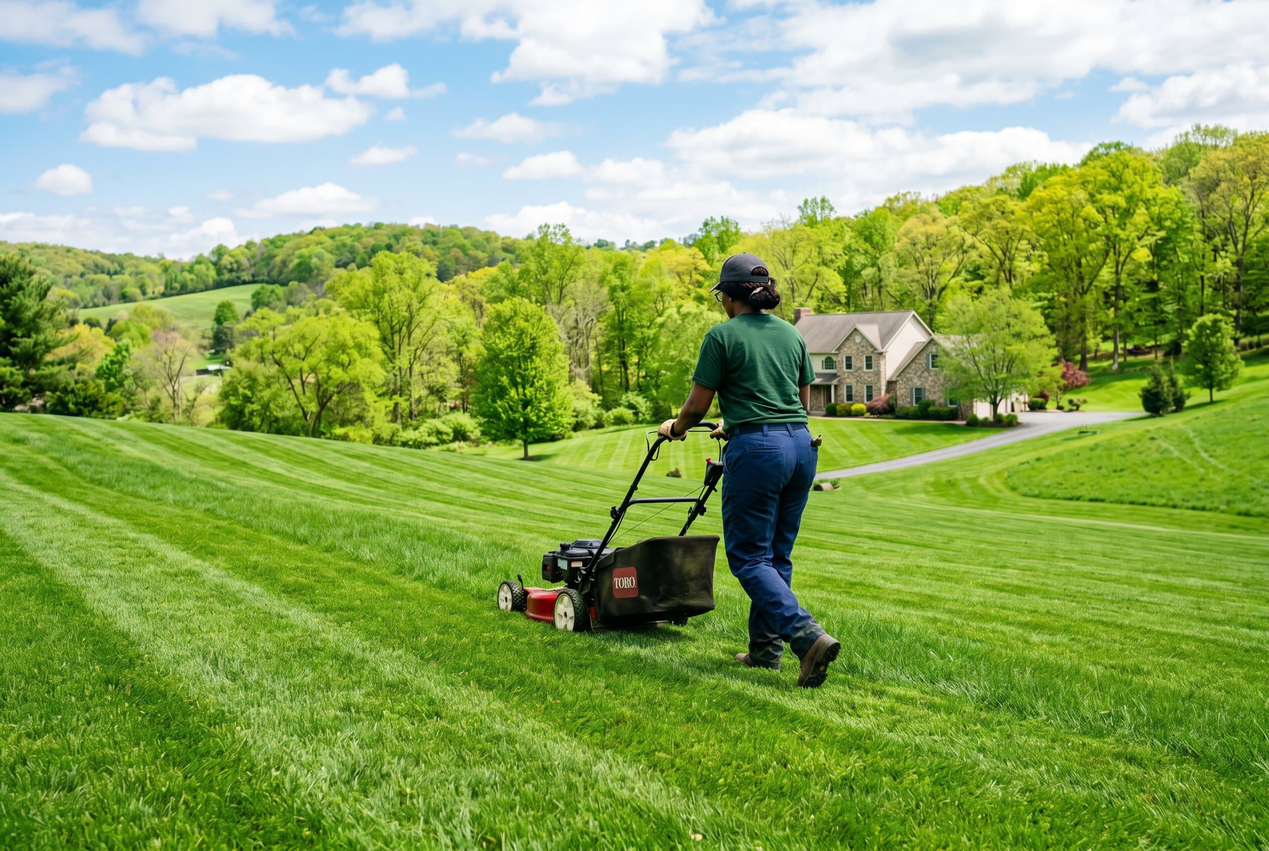 Professional lawn care technician applying crabgrass preemergent in Pennsylvania during spring season