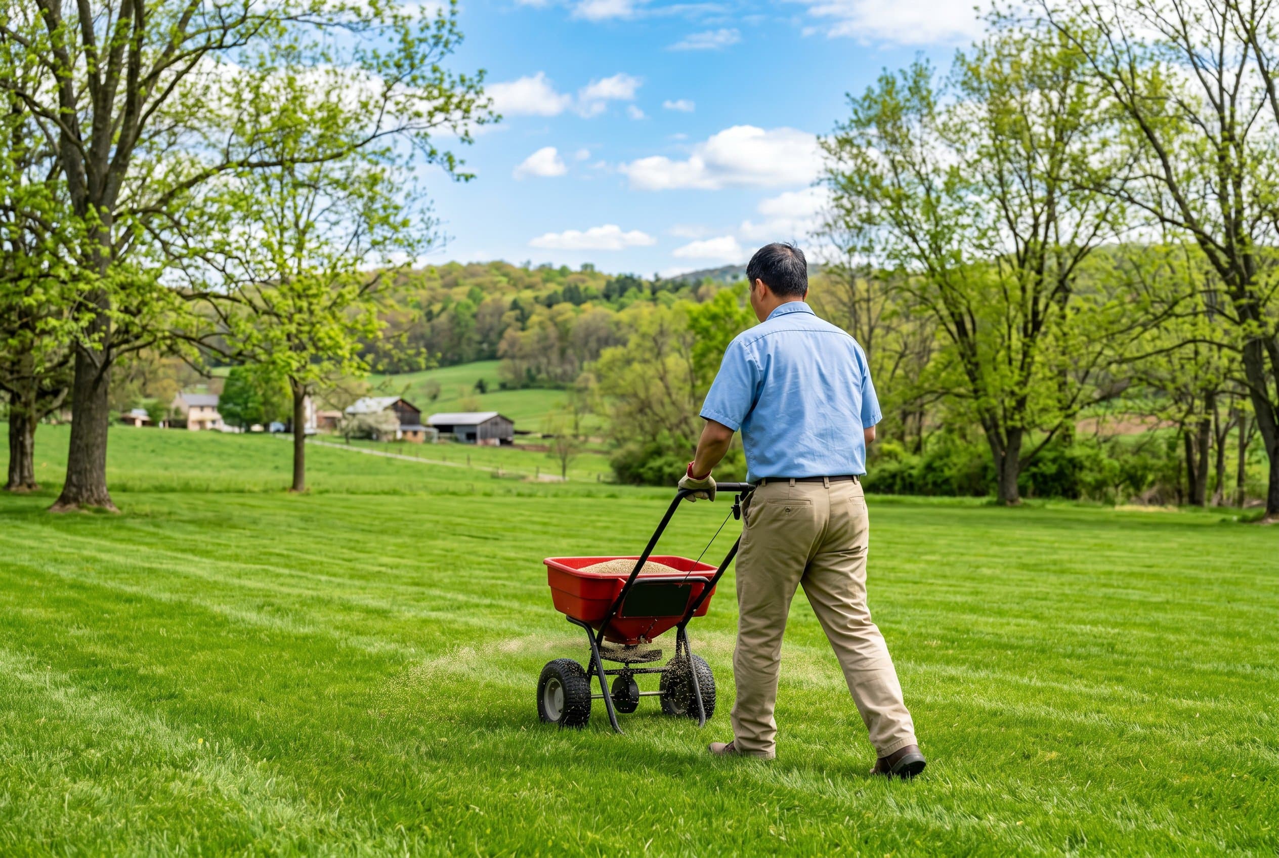 Green grass seedlings sprouting in Pennsylvania soil during ideal planting season
