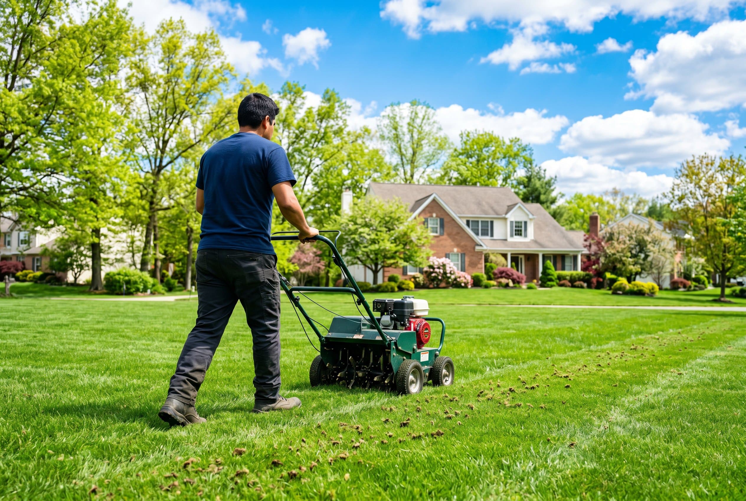 Professional aerating lawn in Pennsylvania during ideal spring season