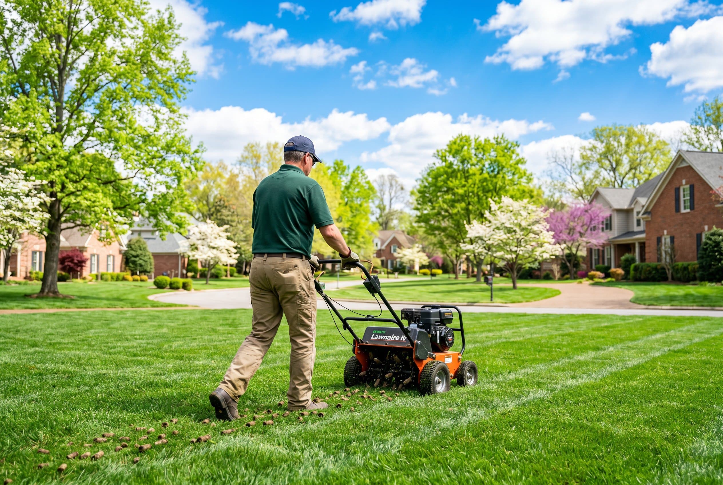 Professional lawn aeration equipment being used on a lush Tennessee lawn in spring