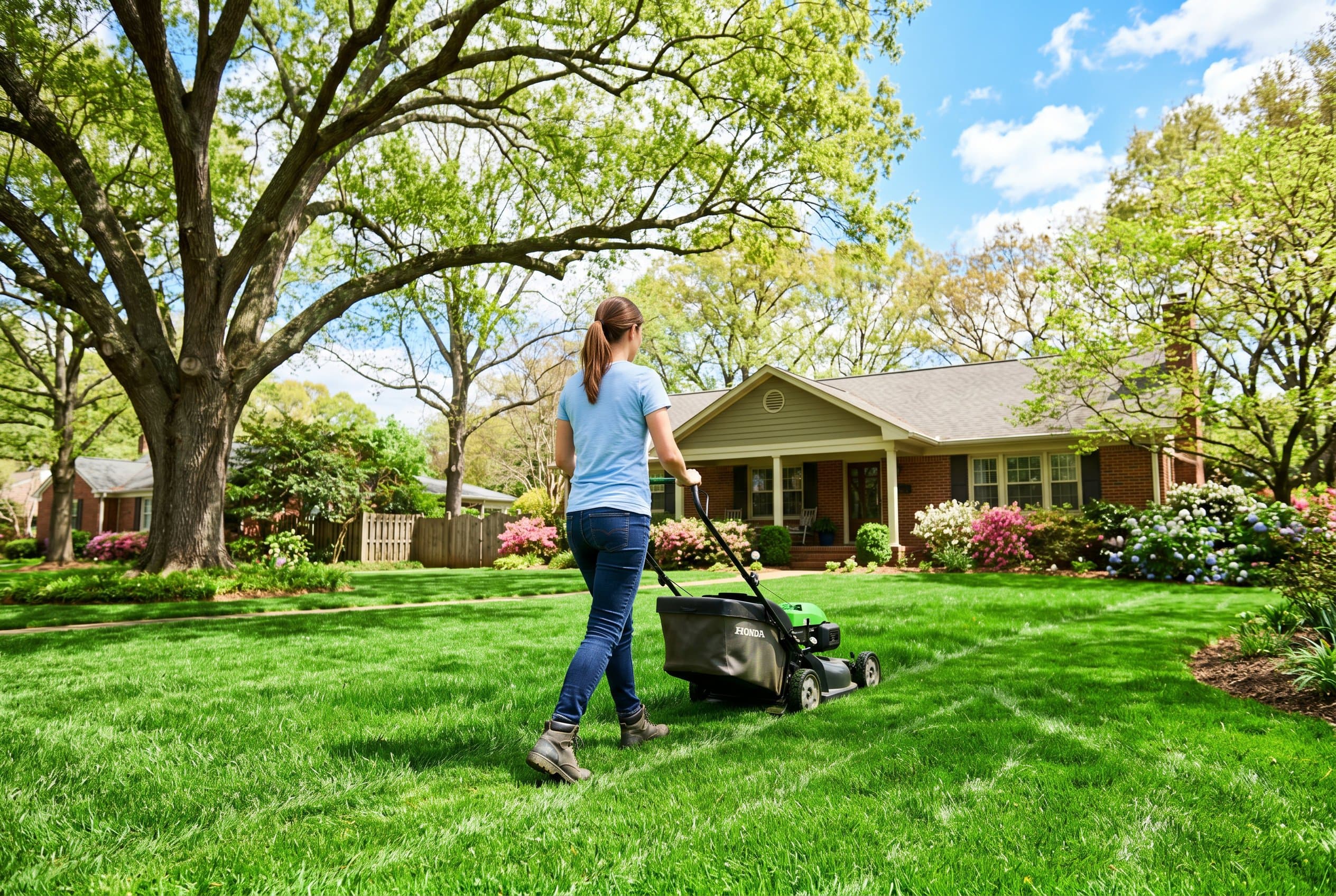Healthy green lawn during Texas drought with drought-resistant grass and mulch