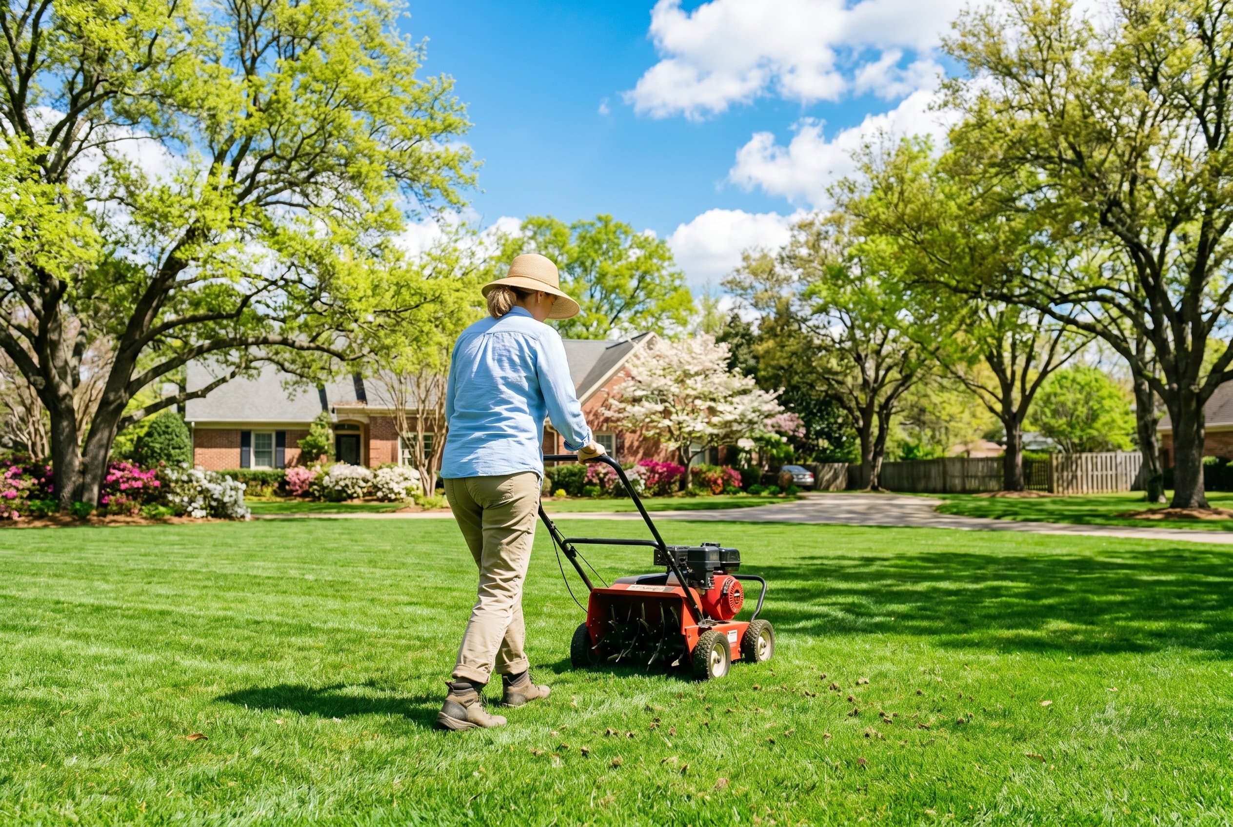Freshly aerated Texas lawn showing soil plugs and green grass ready for spring growth