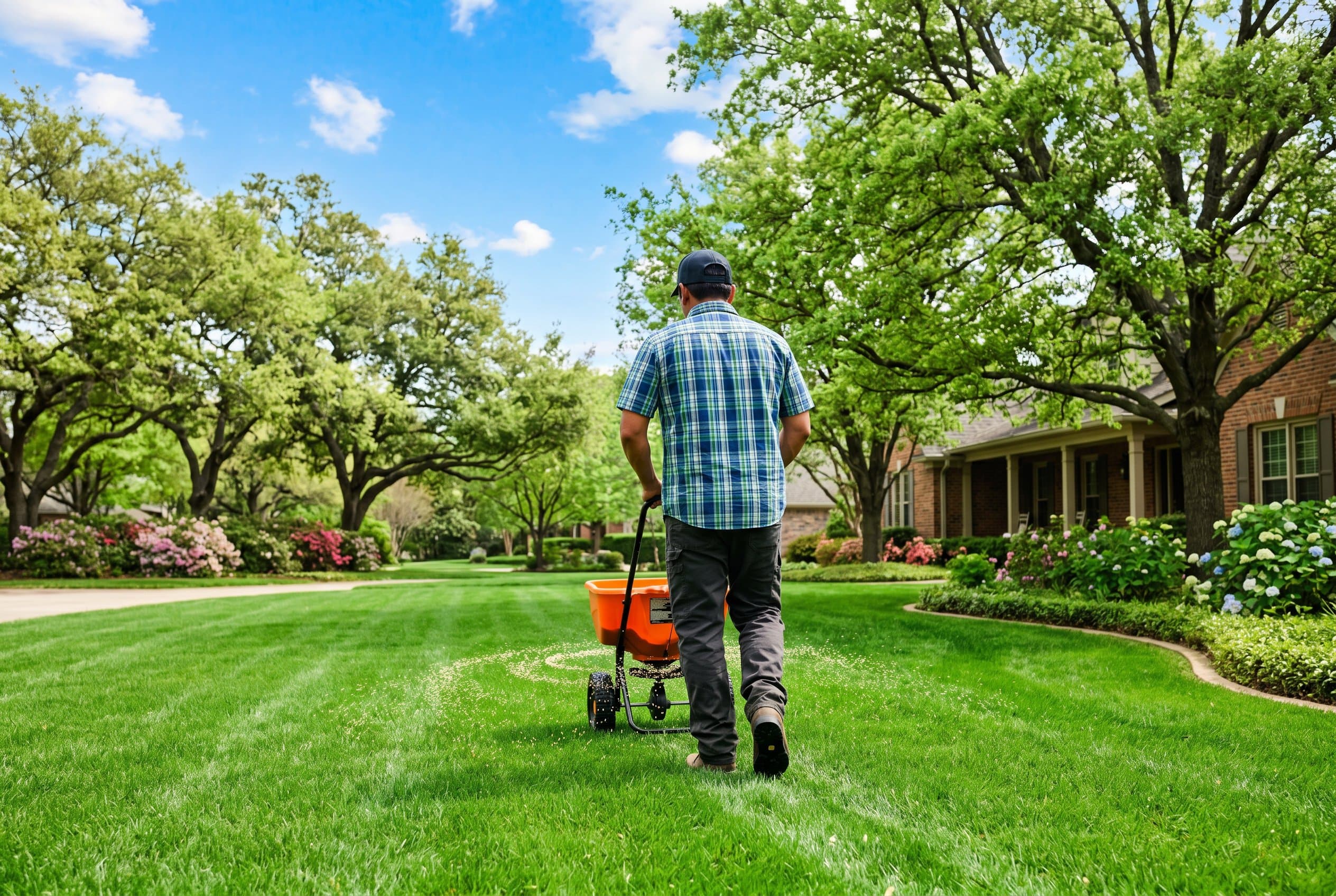 Broadcast spreader applying granular fertilizer to lawn