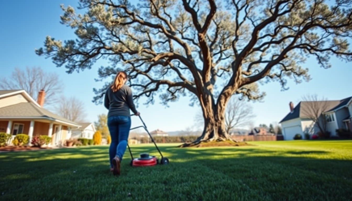 Professional landscaper using a spreader to apply fertilizer on a lush green lawn in Texas spring sunlight