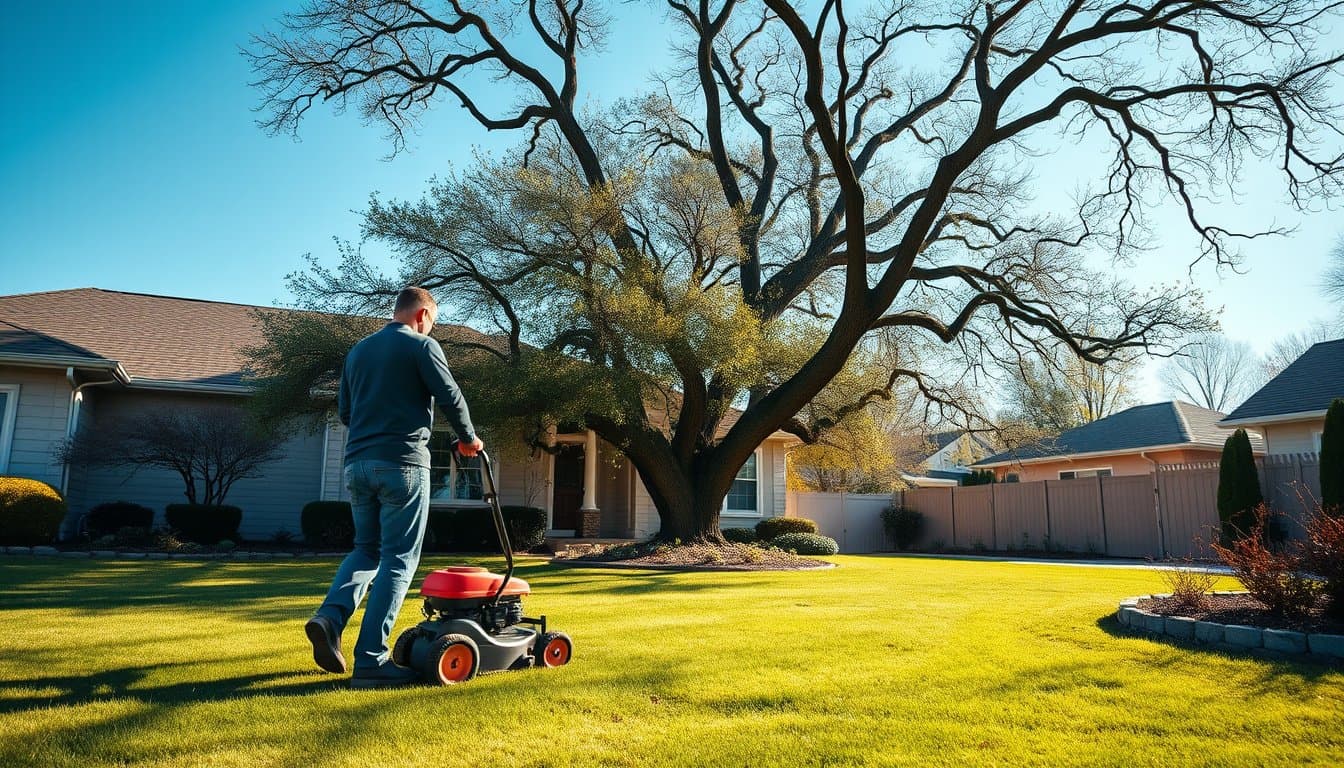 Professional landscaper mowing lush green lawn under bright Texas summer sky with sprinklers active