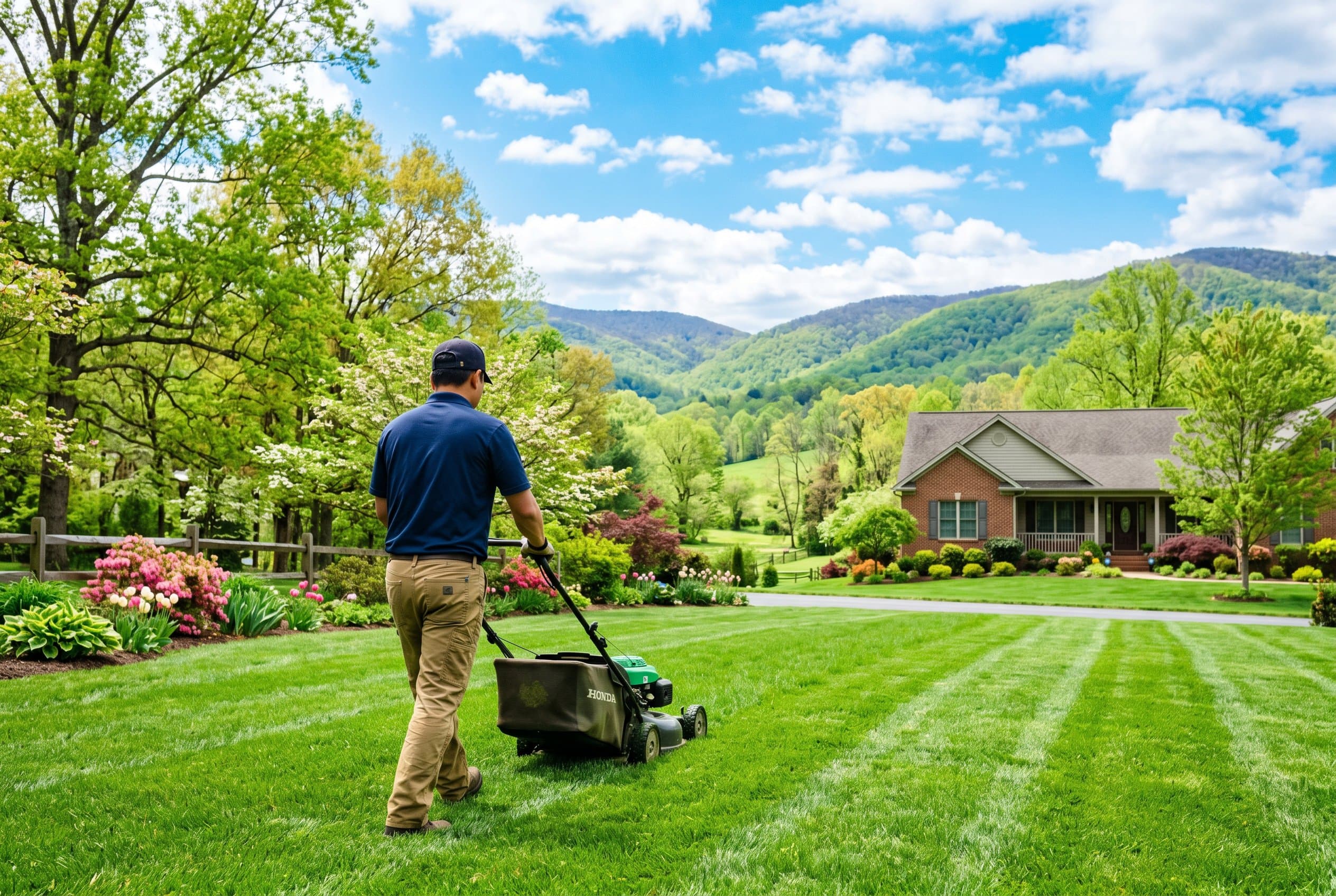 Professional lawn care technician applying crabgrass preemergent in Virginia spring lawn