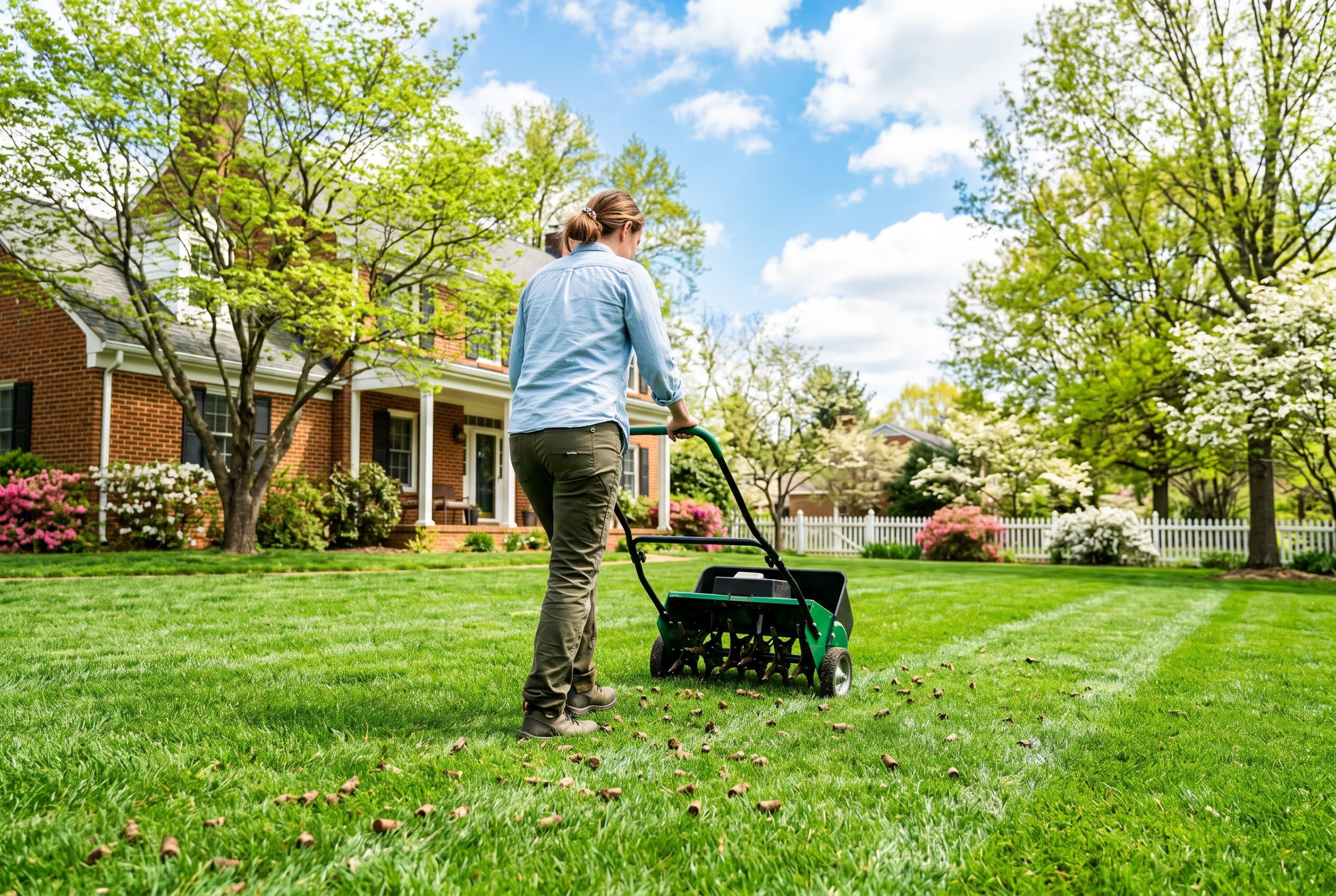 Professional lawn aeration equipment aerating a green lawn in Virginia during spring season