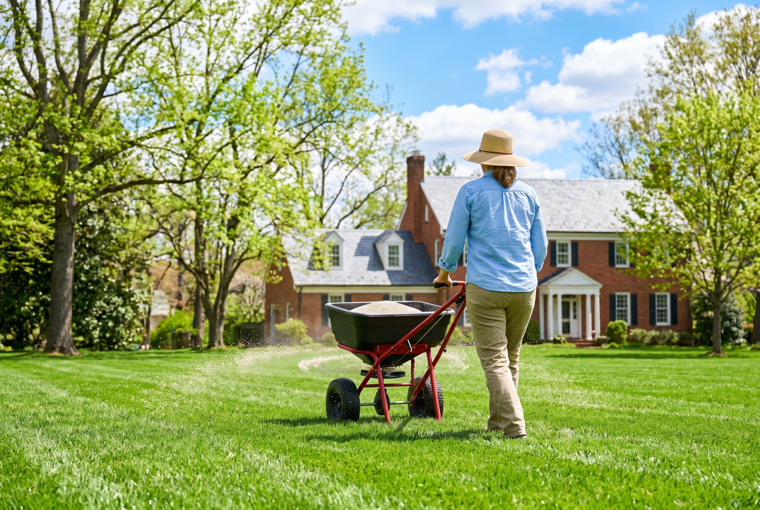 Lush green Virginia lawn with fertilizer application during spring season