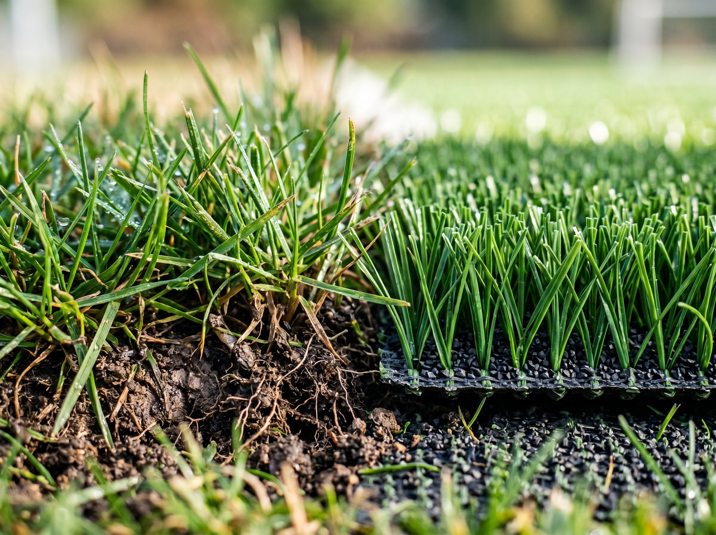 Artificial turf vs natural grass lawn comparison showing performance differences side-by-side