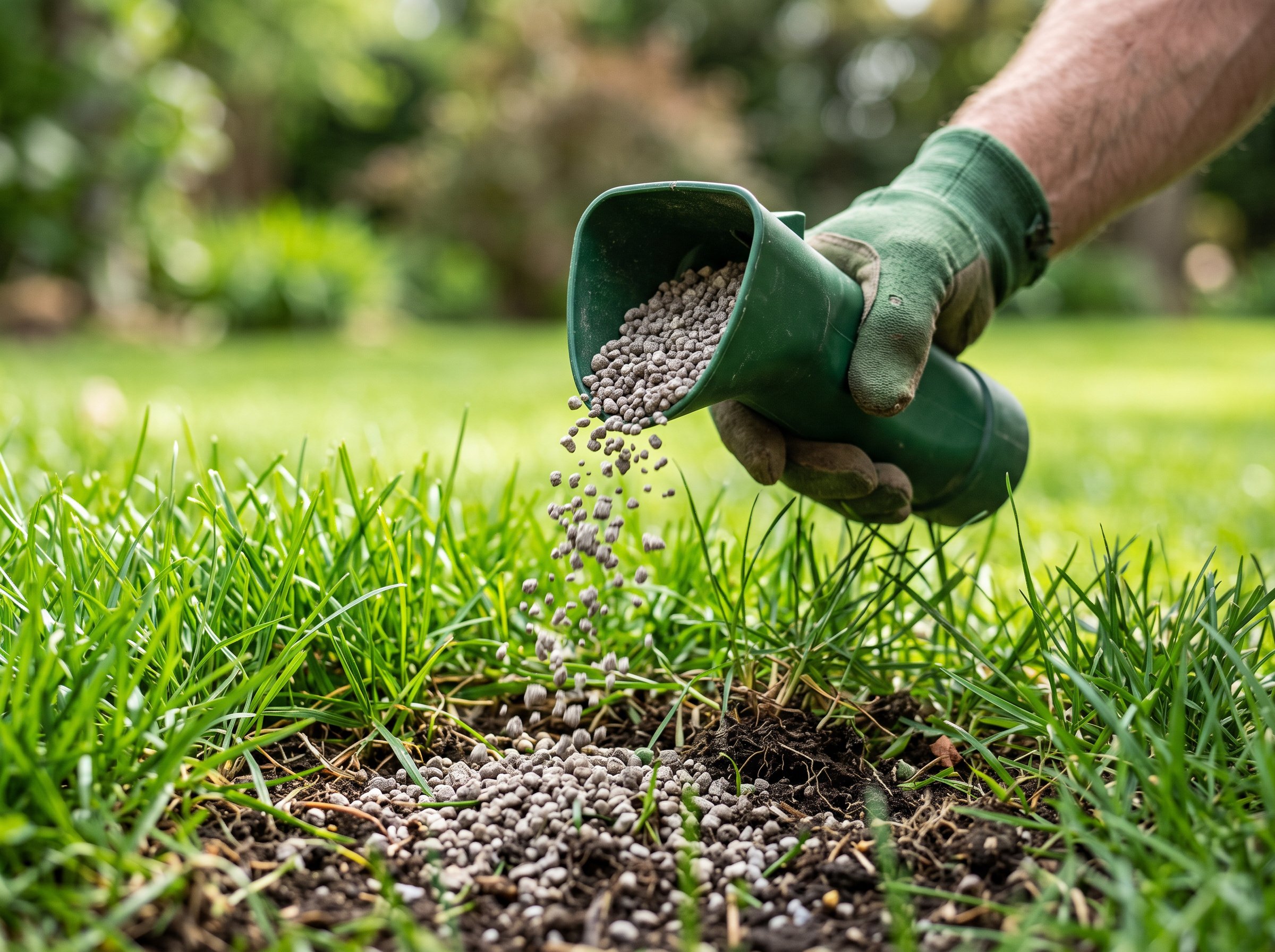 Gloved hand spreading granular flea, tick, and ant killer onto green lawn grass
