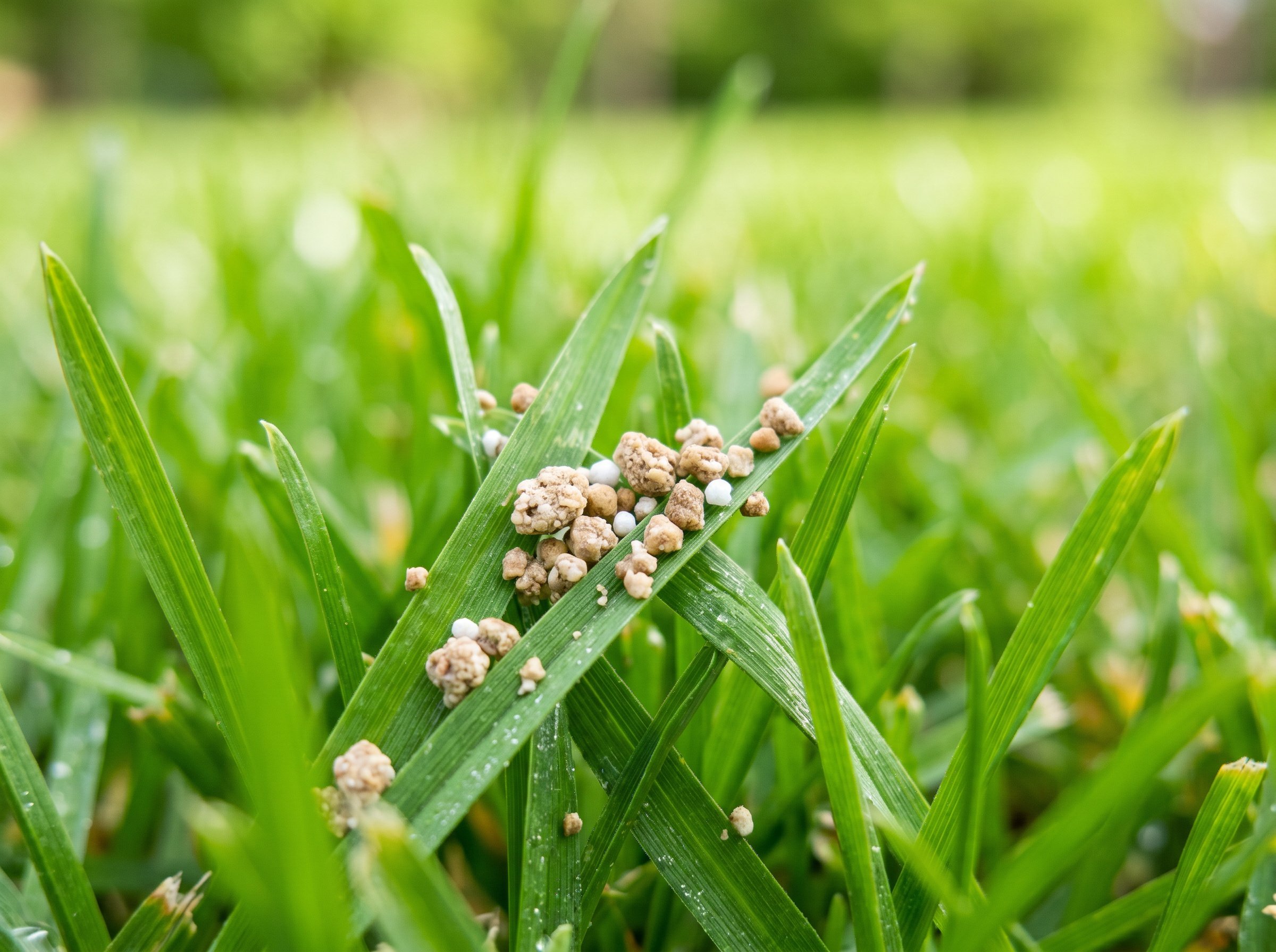 Close-up of granular grub-control product resting on thick green grass blades.