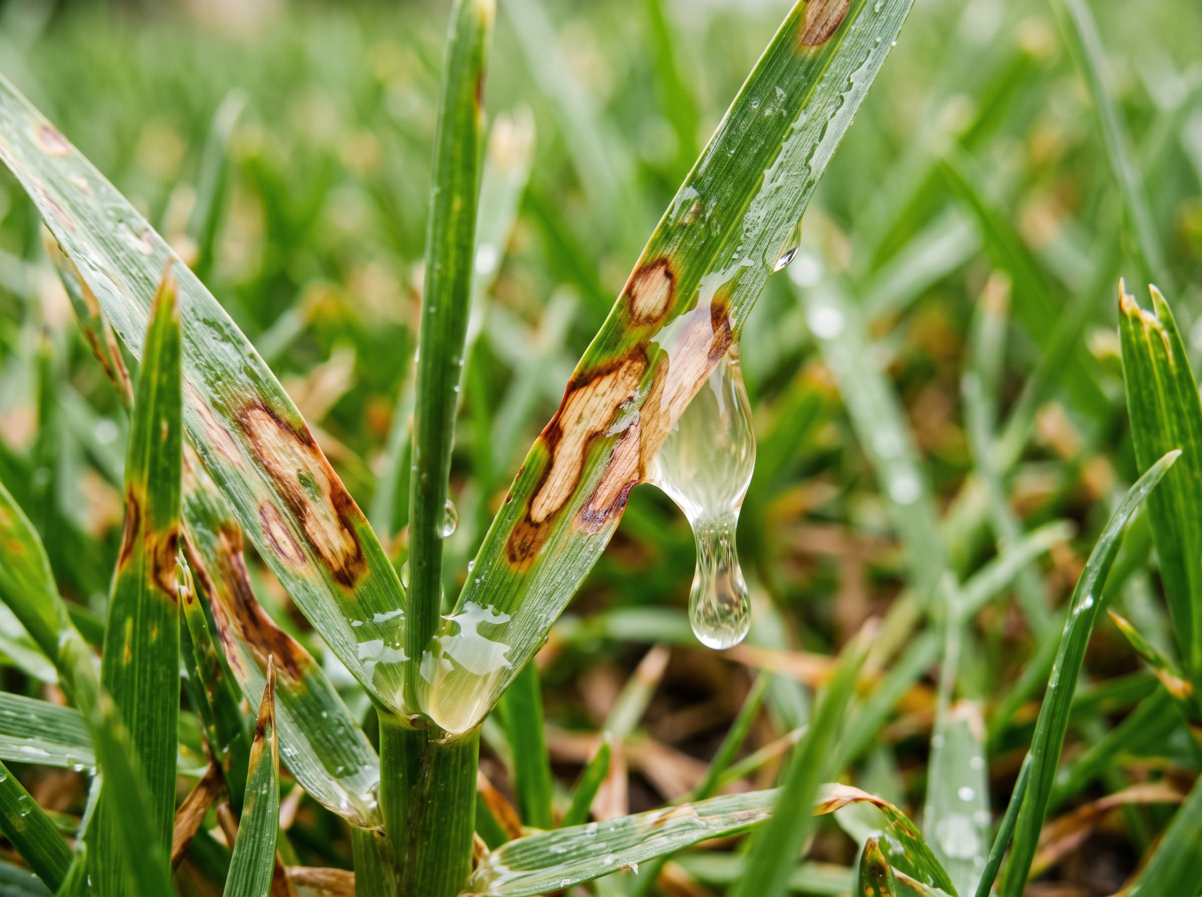 Close-up of lawn grass showing early signs of brown patch disease, with circular patches of tan and brown discoloration.