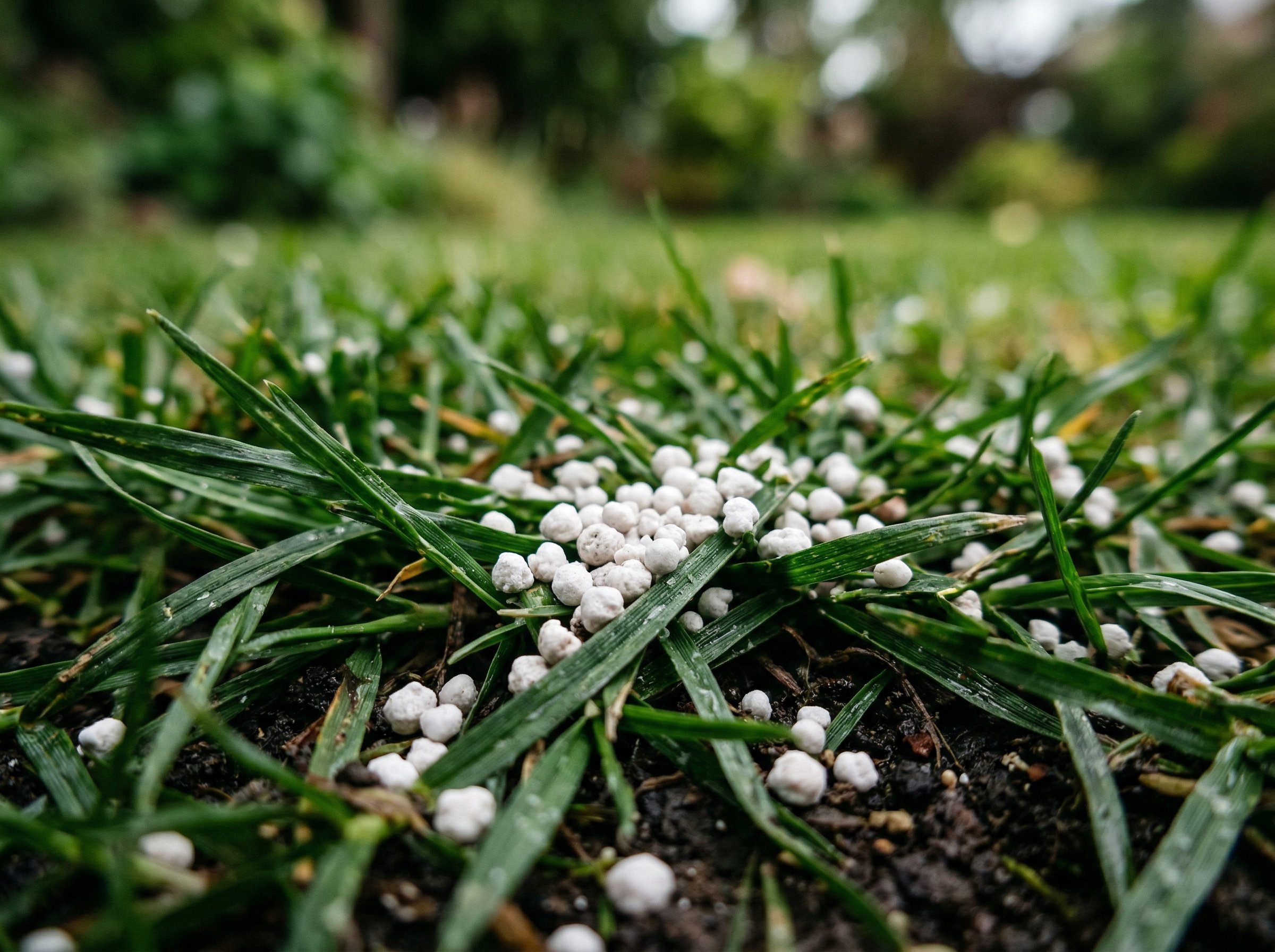 Broadcast spreader applying granular fertilizer to lawn