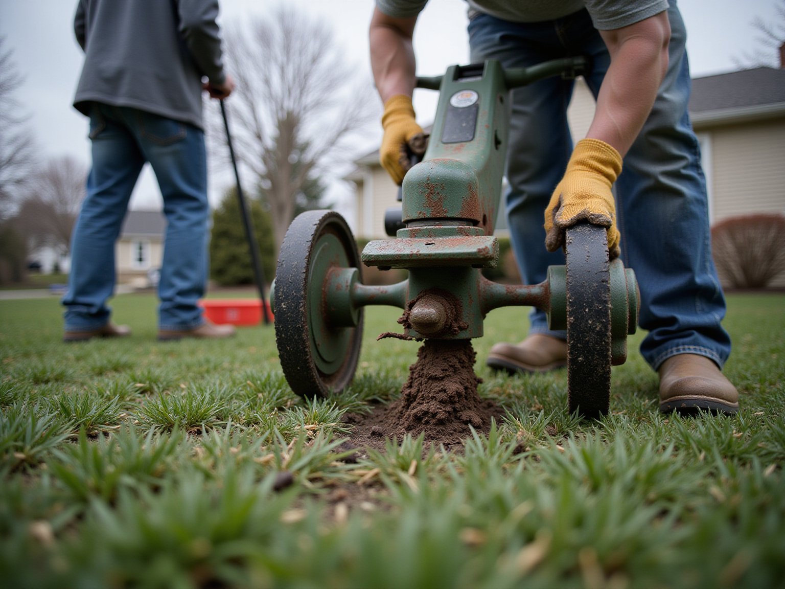 Close-up of lawn aeration holes showing soil plugs and grass roots