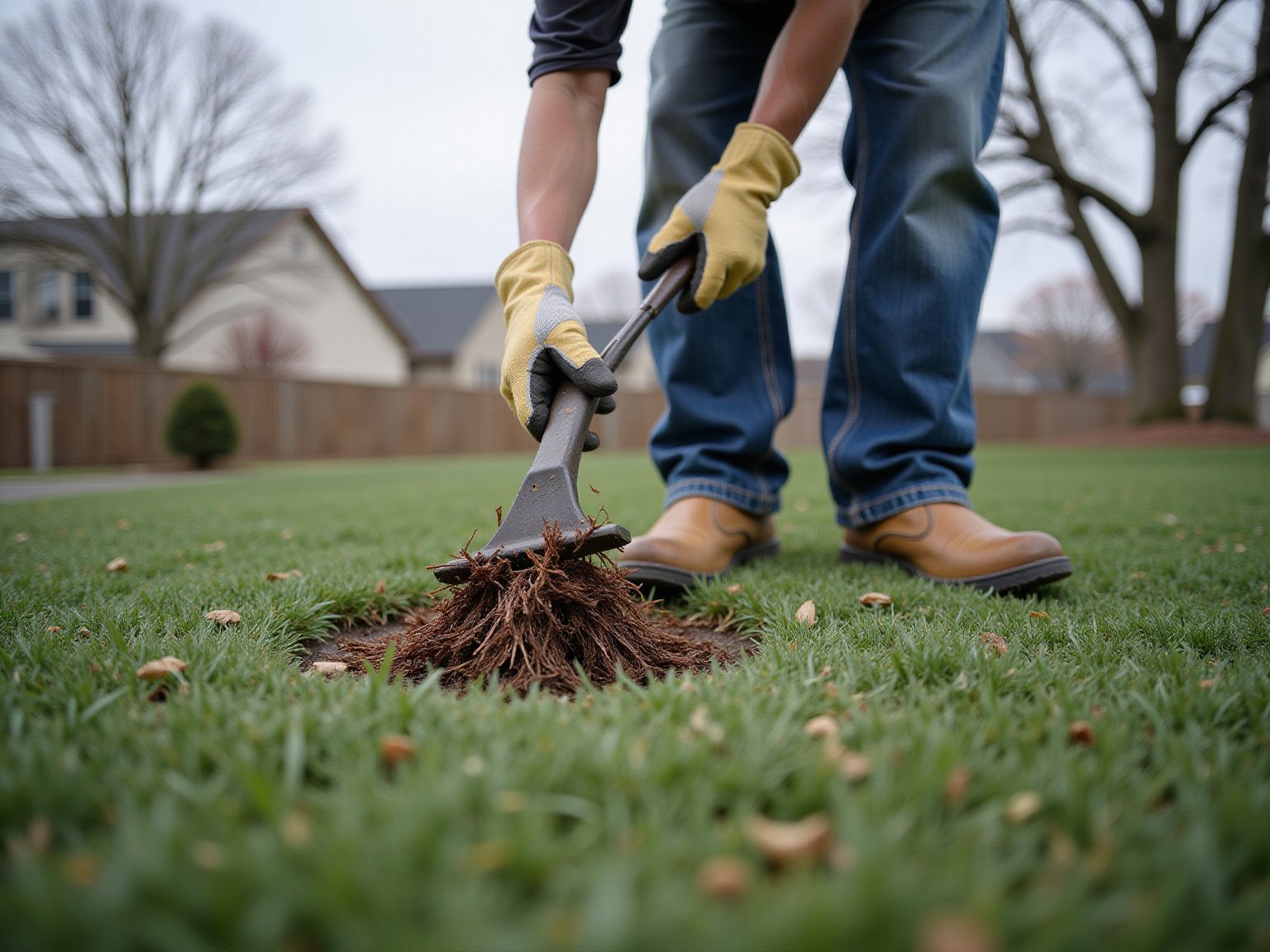 Lawn thatch layer exposed showing dethatching process
