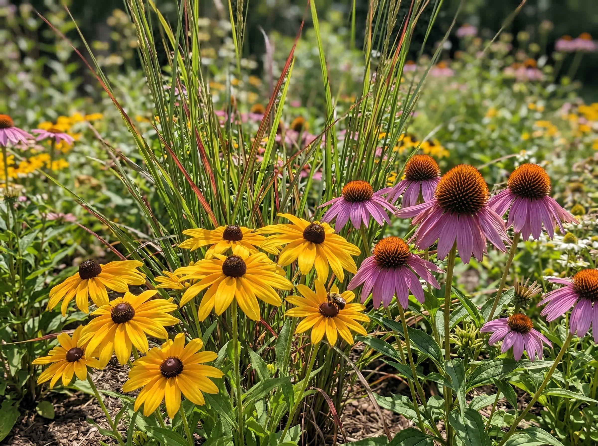 Close-up of black-eyed susans planted alongside salvia and switchgrass in a sunny perennial border