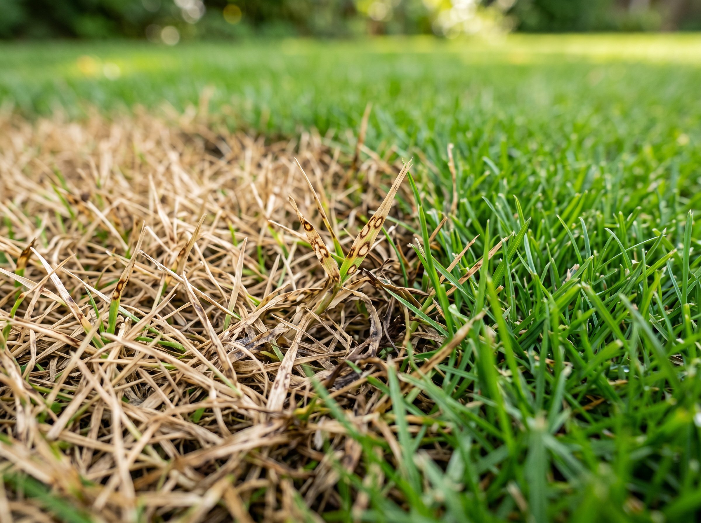 Brown patch lawn disease treatment showing diseased grass with brown circular patches