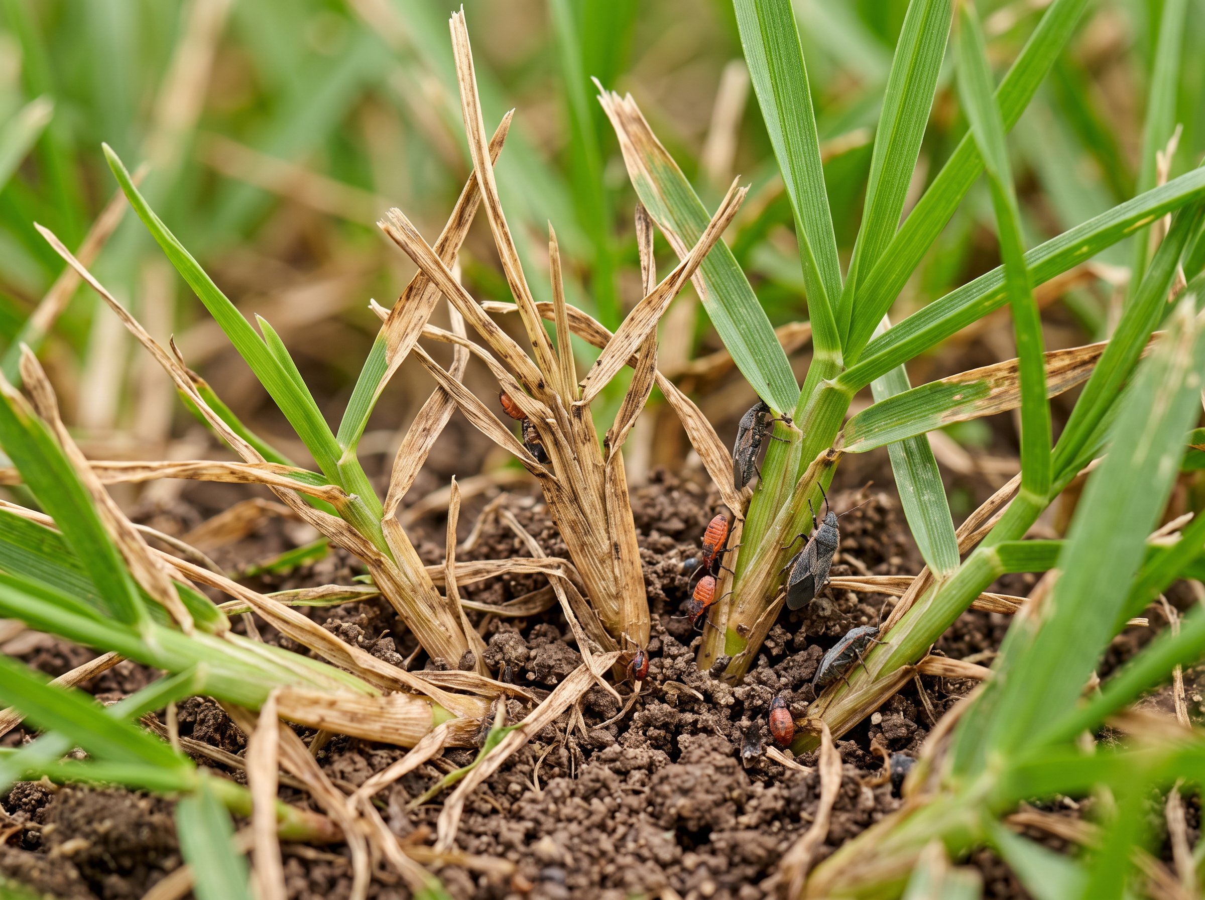 Lawn showing brown patches and dead grass caused by chinch bug damage
